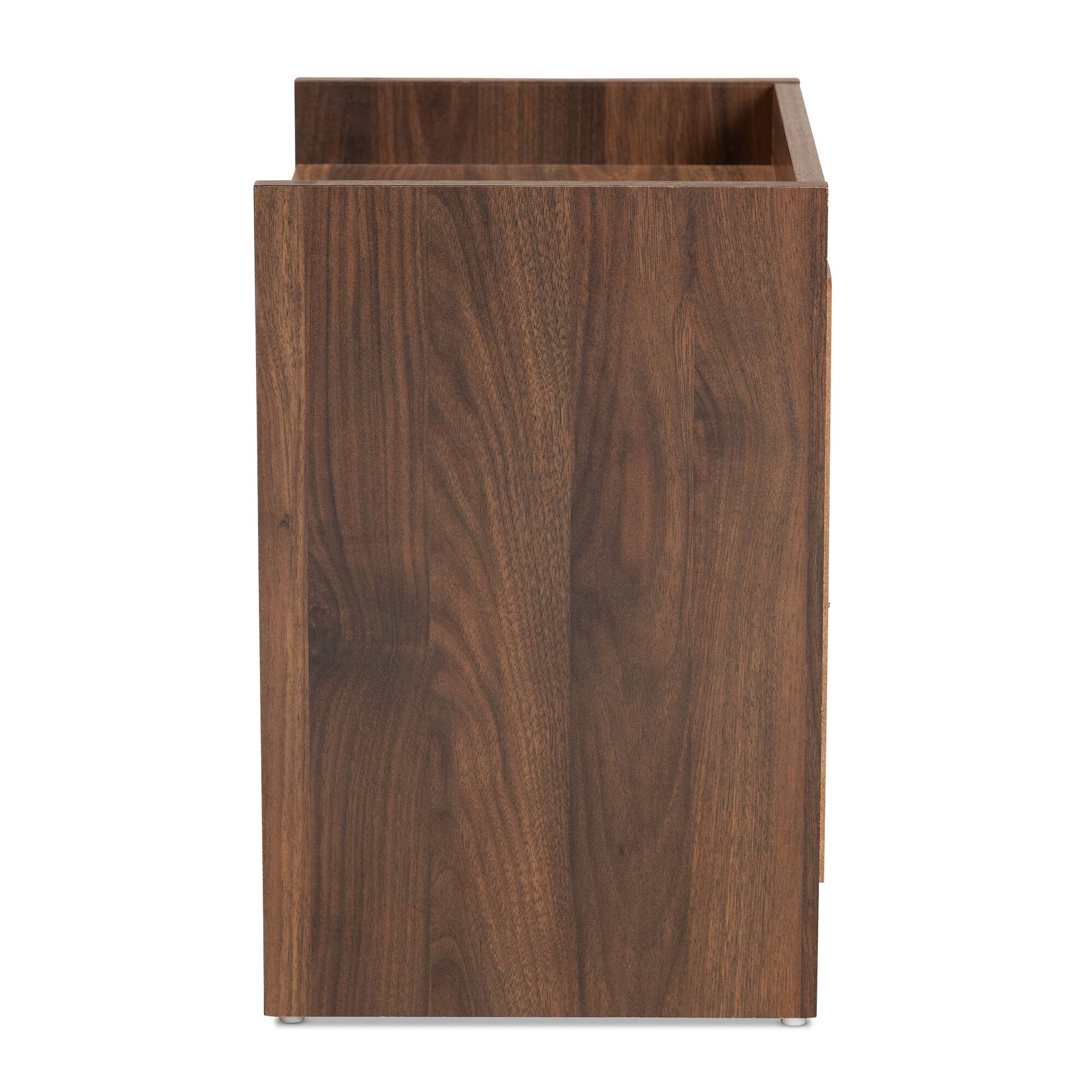 Back. Baxton Studio - Hale Modern and Contemporary Finished Wood 1-Door Nightstand - Walnut brown.