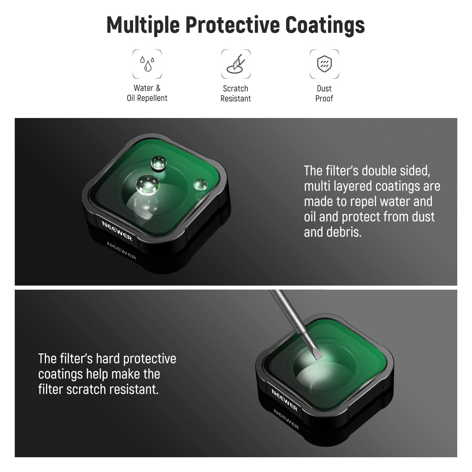 Multiple Protective Coatings

- Water & Oil Repellent
- Scratch Resistant
- Dust Proof

The filter's double sided, multi layered coatings are made to repel water and oil and protect from dust and debris.

The filter's hard protective coatings help make the filter scratch resistant.