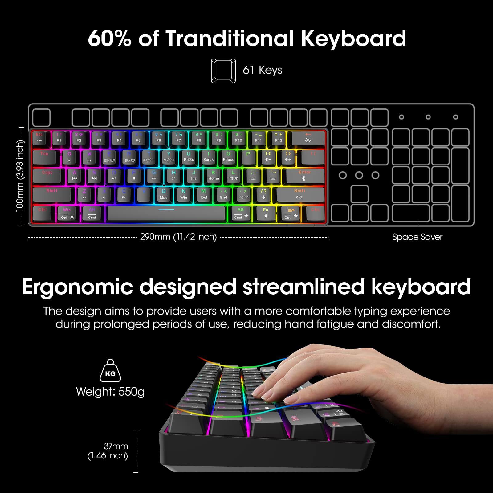 60% of Traditional Keyboard  
61 Keys  

Ergonomic designed streamlined keyboard  
The design aims to provide users with a more comfortable typing experience during prolonged periods of use, reducing hand fatigue and discomfort.  

Space Saver  

Weight: 550g  
37mm (1.46 inch)