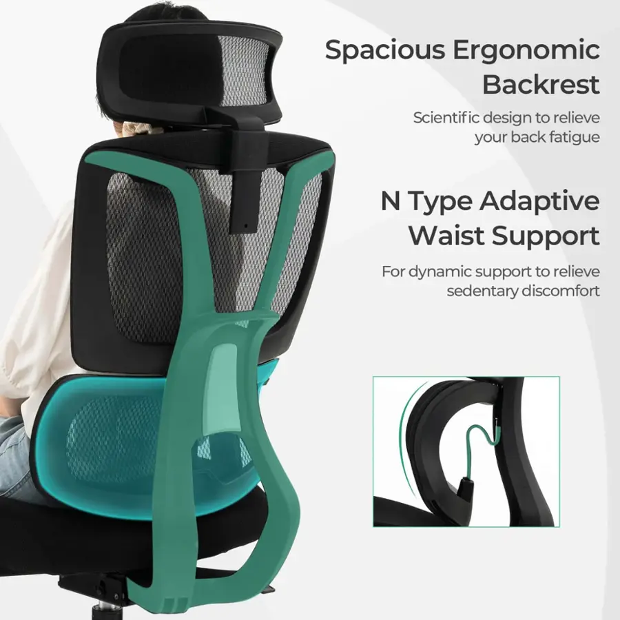 Spacious Ergonomic Backrest: Scientific design to relieve your back fatigue. N-Type Adaptive Waist Support: For dynamic support to relieve sedentary discomfort.