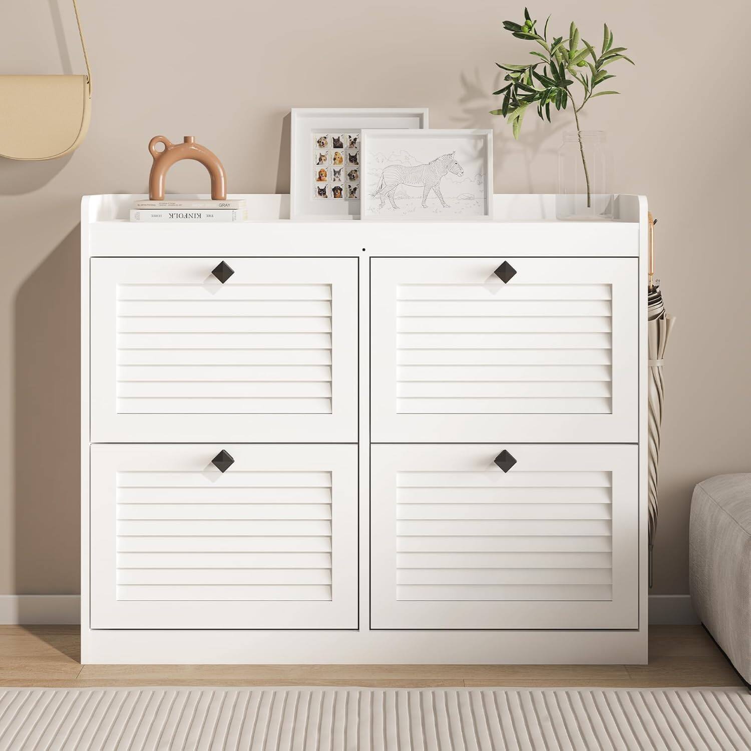 Alt View 2. Jojoka - Large Rattan Shoe Cabinet with 4 Flip Drawers, Narrow Freestanding Shoe Organizer with Wooden Legs - White.