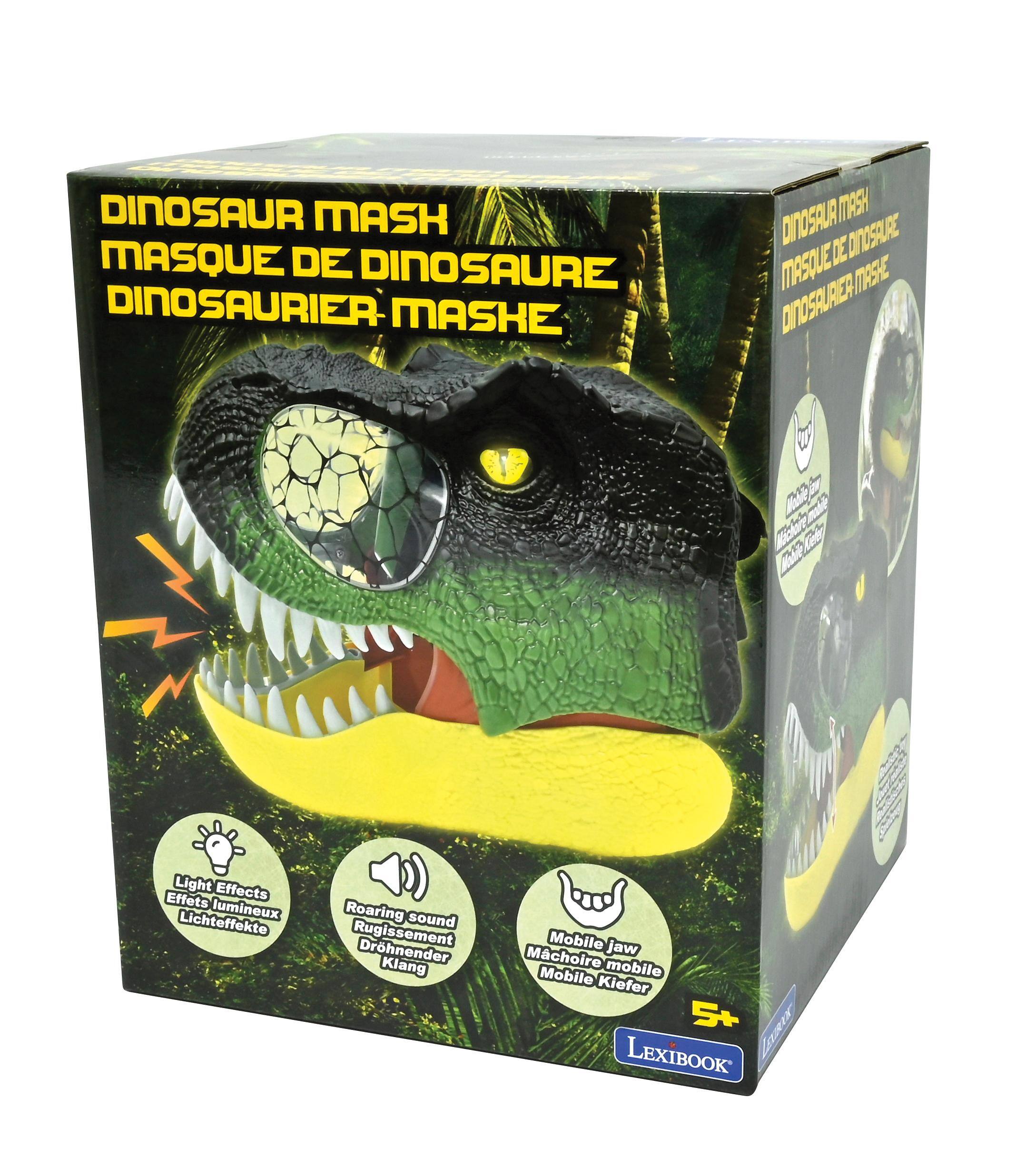 DINOSAUR MASH  
MASQUE DE DINOSAURE  
DINOSAURIER MASKE  

Light Effects  
Effets lumineux  
Lichteффekte  

Roaring sound  
Rugissement  
Dröhner Klang  

Mobile jaw  
Mâchoire mobile  
Mobile Kiefer  

LEXIBOOK  

5+