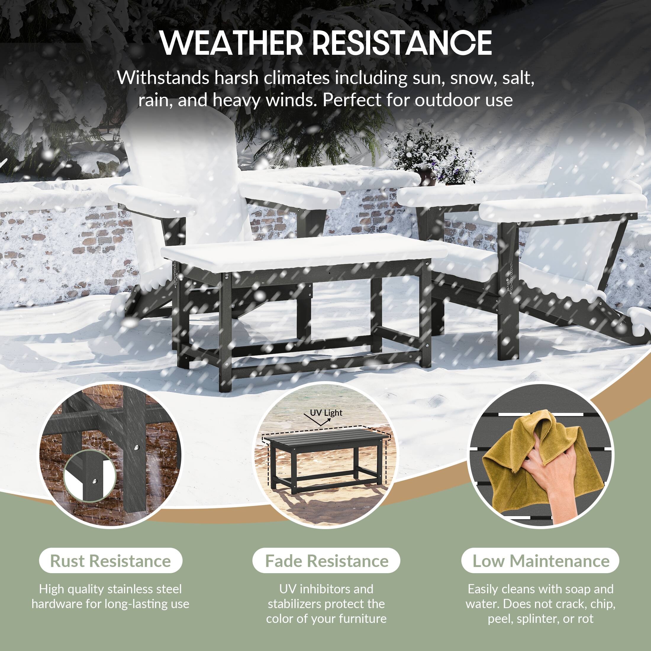 WEATHER RESISTANCE  
Withstands harsh climates including sun, snow, salt, rain, and heavy winds. Perfect for outdoor use.

- Rust Resistance  
  High quality stainless steel hardware for long-lasting use

- Fade Resistance  
  UV inhibitors and stabilizers protect the color of your furniture

- Low Maintenance  
  Easily cleans with soap and water. Does not crack, chip, peel, splinter, or rot