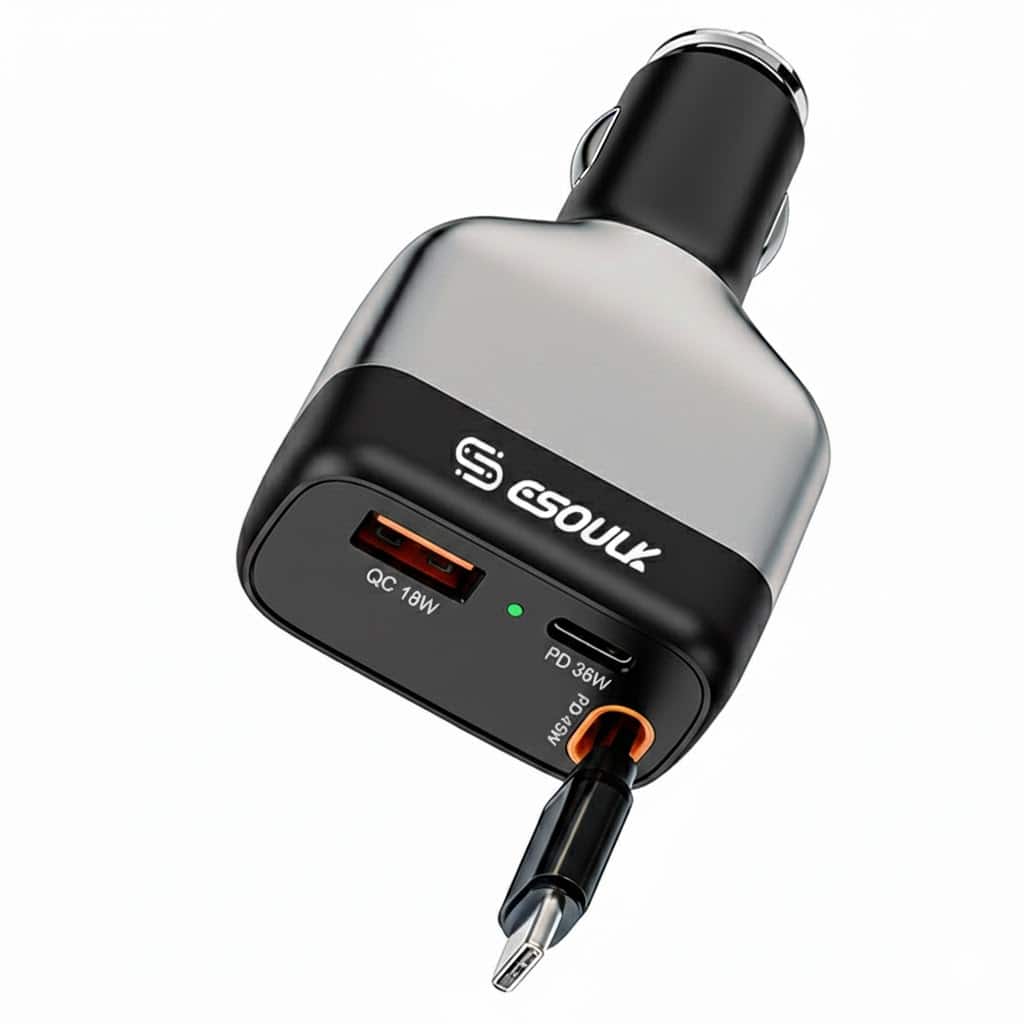 Esoulk - Car Charger For Samsung S25/S24/S23/S22 Ultra iPhone 17 Pro Max 45W USB-C + PD 36W + QC 18W - Black