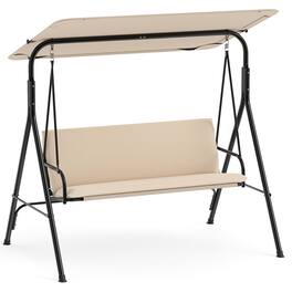 Gymax - 3-Seat Outdoor Patio Swing Chair w/ ArmrestsAdjustable Tilt Canopy & Stand - Beige