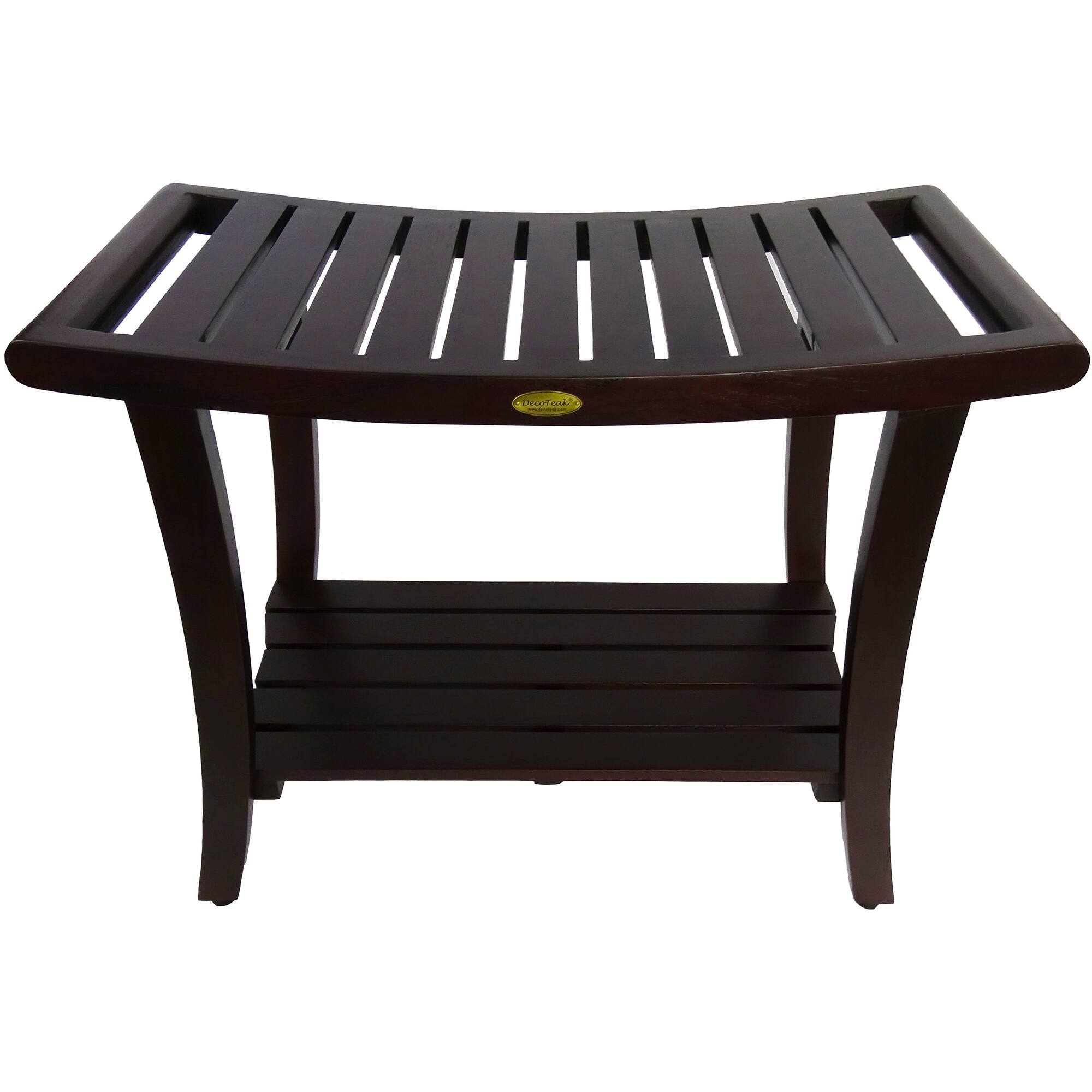 Angle. DecoTeak - DecoTeak Harmony 30"L Teak Wood Bench with Shelf and LiftAide Arms in Woodland Brown Finish - Extended Height - Woodland Brown.