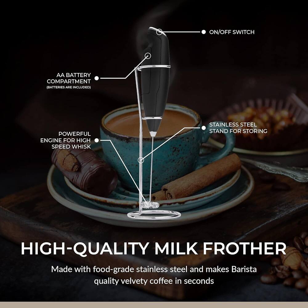 - ON/OFF SWITCH
- AA BATTERY COMPARTMENT (BATTERIES ARE INCLUDED)
- POWERFUL ENGINE FOR HIGH SPEED WHISK
- STAINLESS STEEL STAND FOR STORING

HIGH-QUALITY MILK FROTHER

Made with food-grade stainless steel and makes Barista quality velvety coffee in seconds