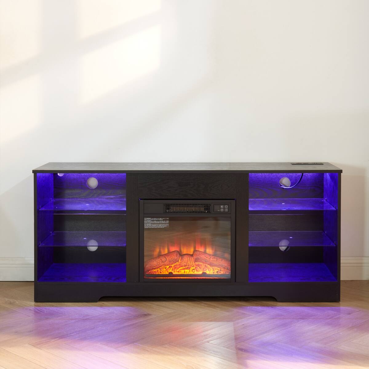 Alt View 8. Loheer - Loheer Electric Fireplace TV Stand with LED Lights, Black TV Stand for 65 Inch TV, 58" W - Black.