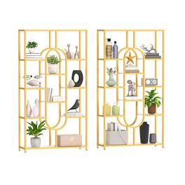 Costway - 2 PCS 5-Tier Bookshelf 69" Tall Etagere Bookcase with Open Storage Shelves Display Shelf - White,Gold
