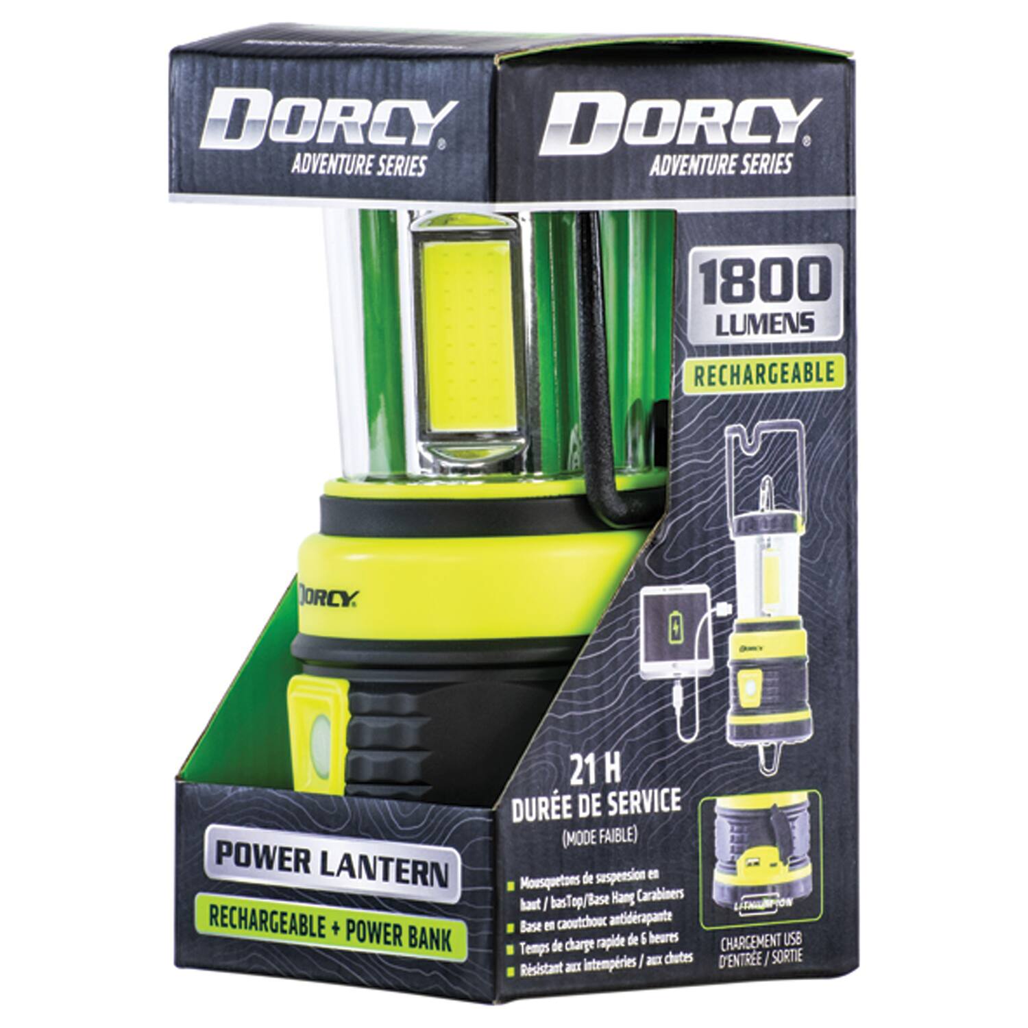 DORCY ADVENTURE SERIES  
1800 LUMENS  
RECHARGEABLE  

POWER LANTERN  
RECHARGEABLE + POWER BANK  

21 H DURÉE DE SERVICE (MODE FAIBLE)  

- Mousquetons de suspension en haut / bas  
- Base en caoutchouc antidrapante  
- Temps de charge rapide de 6 heures  
- CHARGEMENT USB  
- Résistant aux intempéries  
- Entrée / Sortie