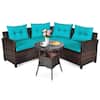 Front. Costway - 4PCS Outdoor Patio Rattan Furniture Set Cushioned Sofa Table - Dark Brown/Turquoise.