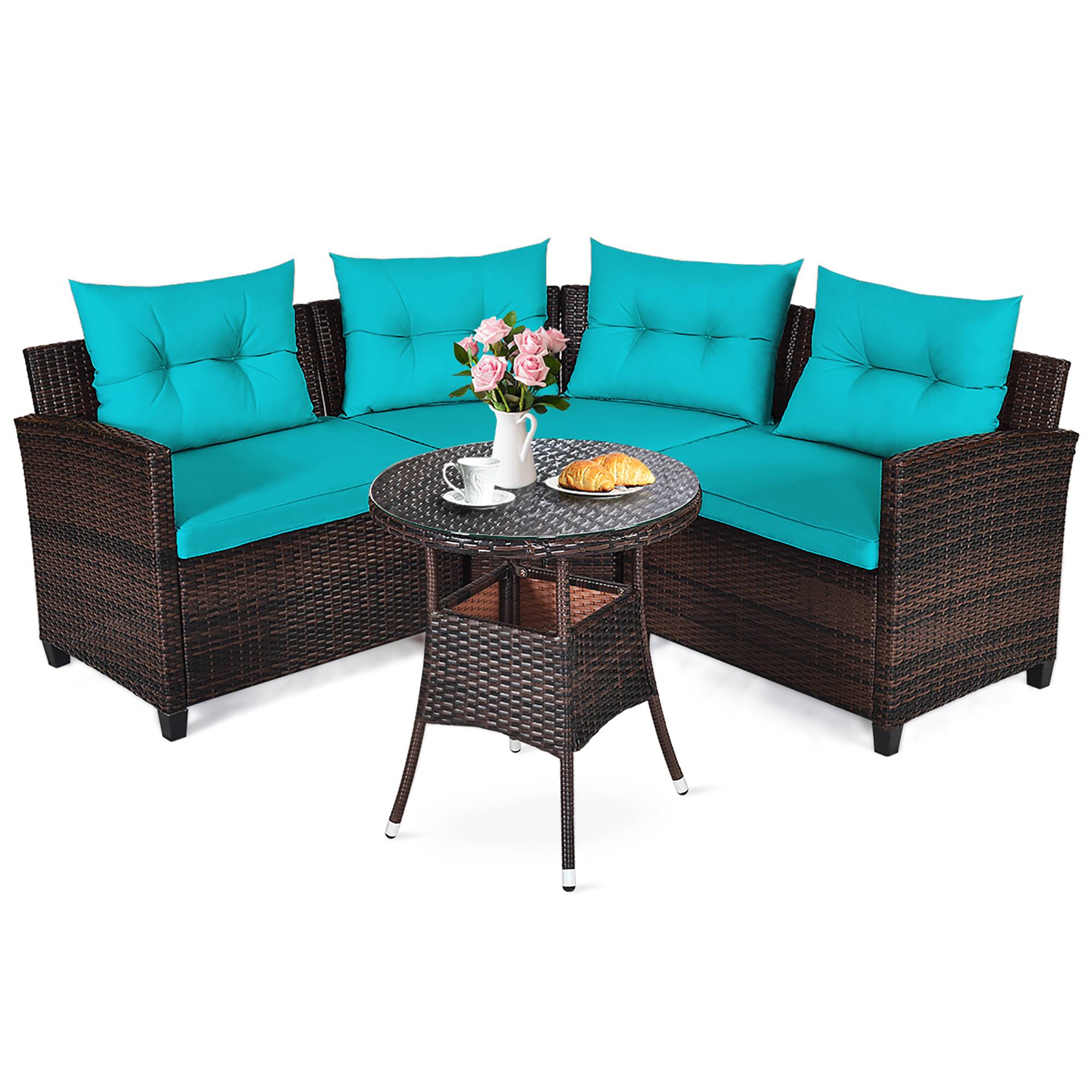 Front. Costway - 4PCS Outdoor Patio Rattan Furniture Set Cushioned Sofa Table - Dark Brown/Turquoise.