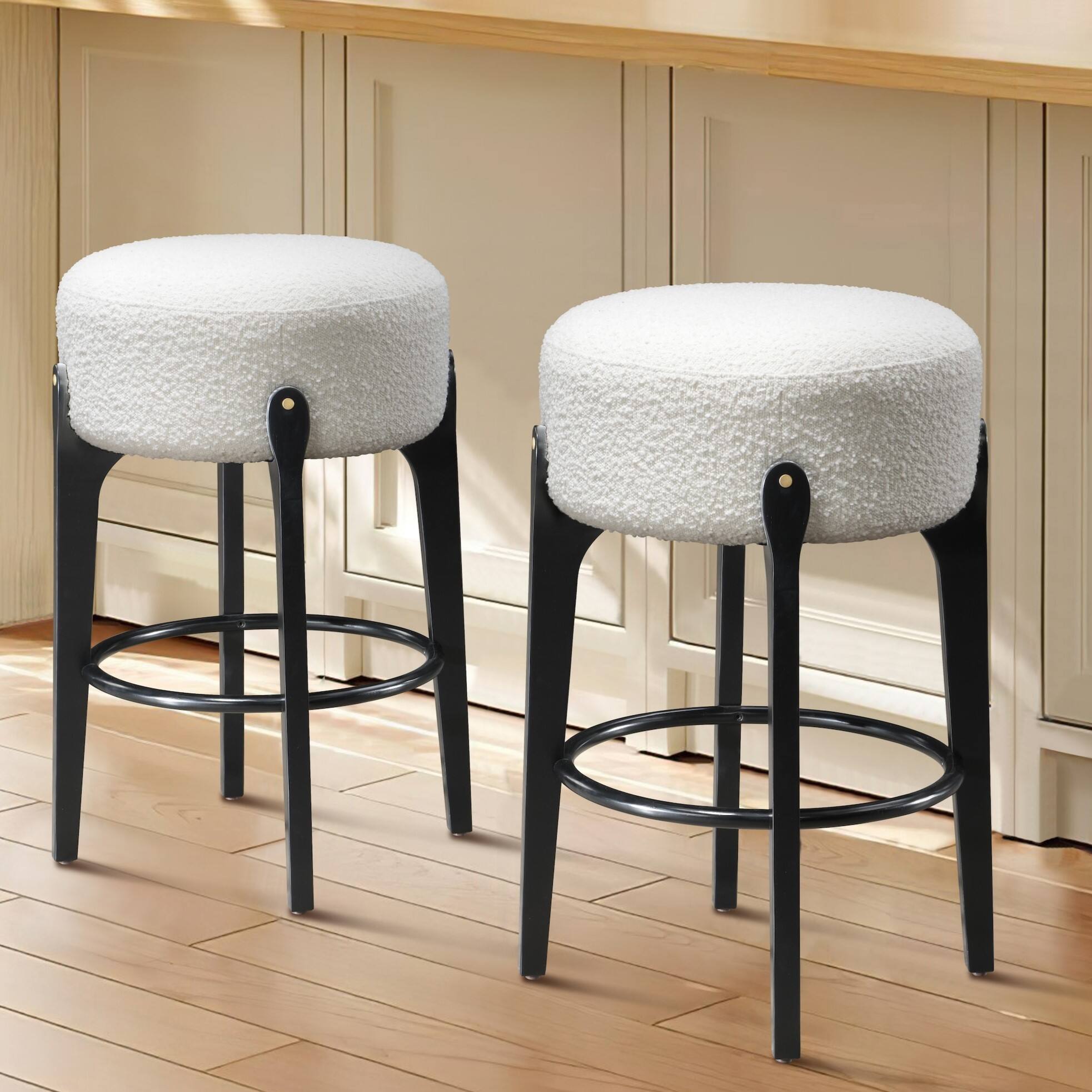 Angle. LuXeo - Ellie 29 in. Black Backless Wood Bar Stool with White Boucle Fabric Seat (Set of 2) - Black/white.