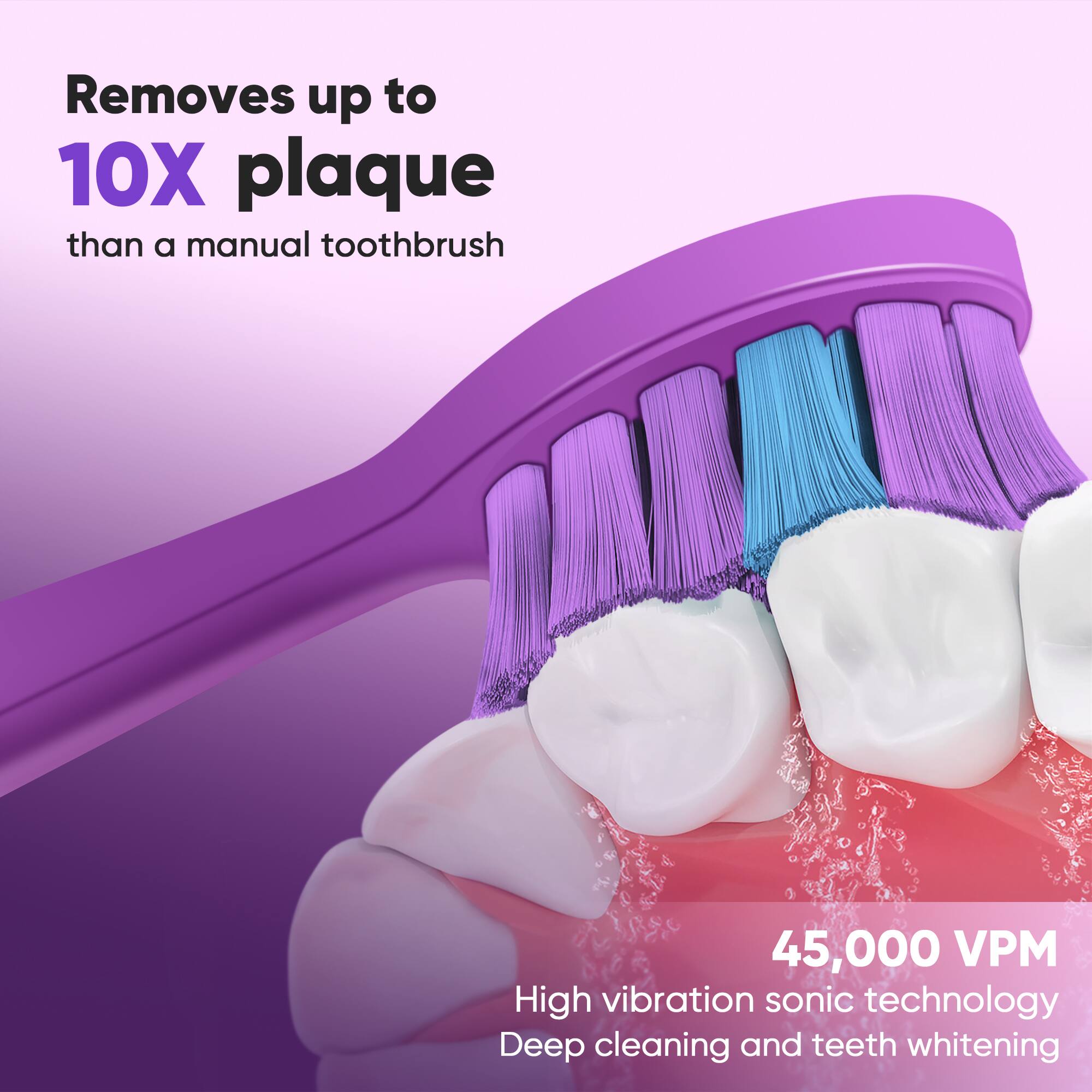 Removes up to 10X plaque than a manual toothbrush. 45,000 VPM High vibration sonic technology. Deep cleaning and teeth whitening.