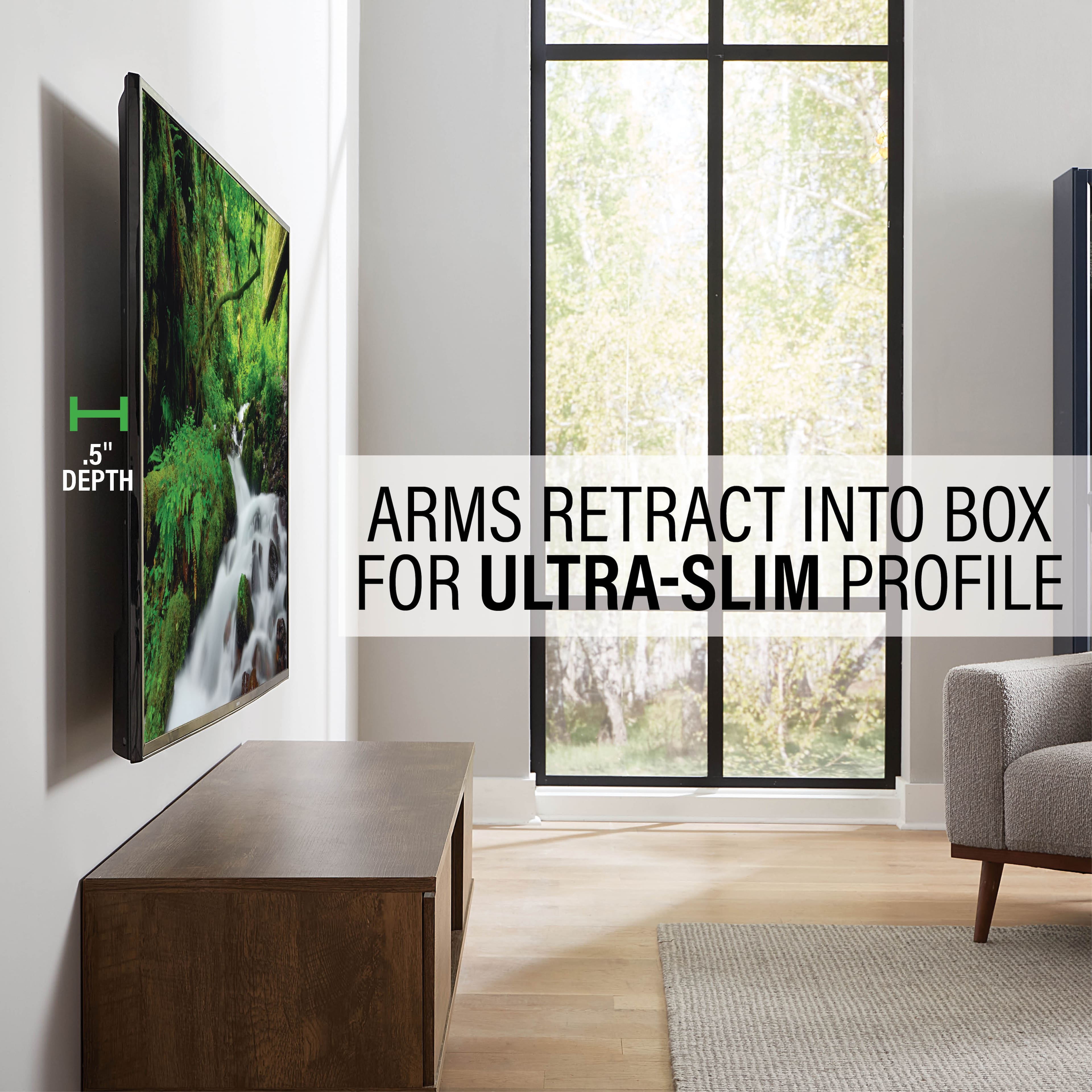 The text on the image states that the arms of the TV retract into a box, which allows for an ultra-slim profile.