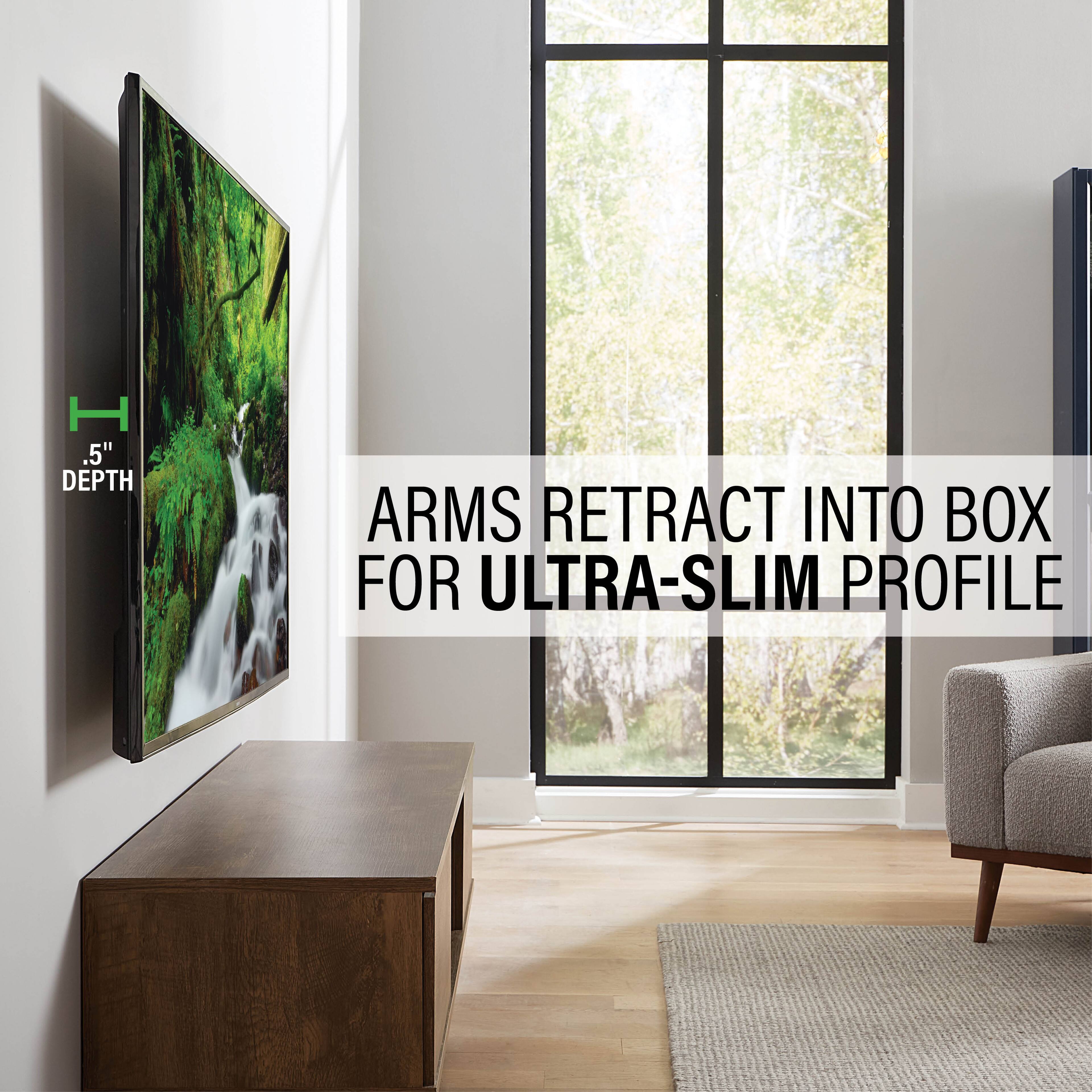 The text on the image states that the arms of the TV retract into a box, which allows for an ultra-slim profile.