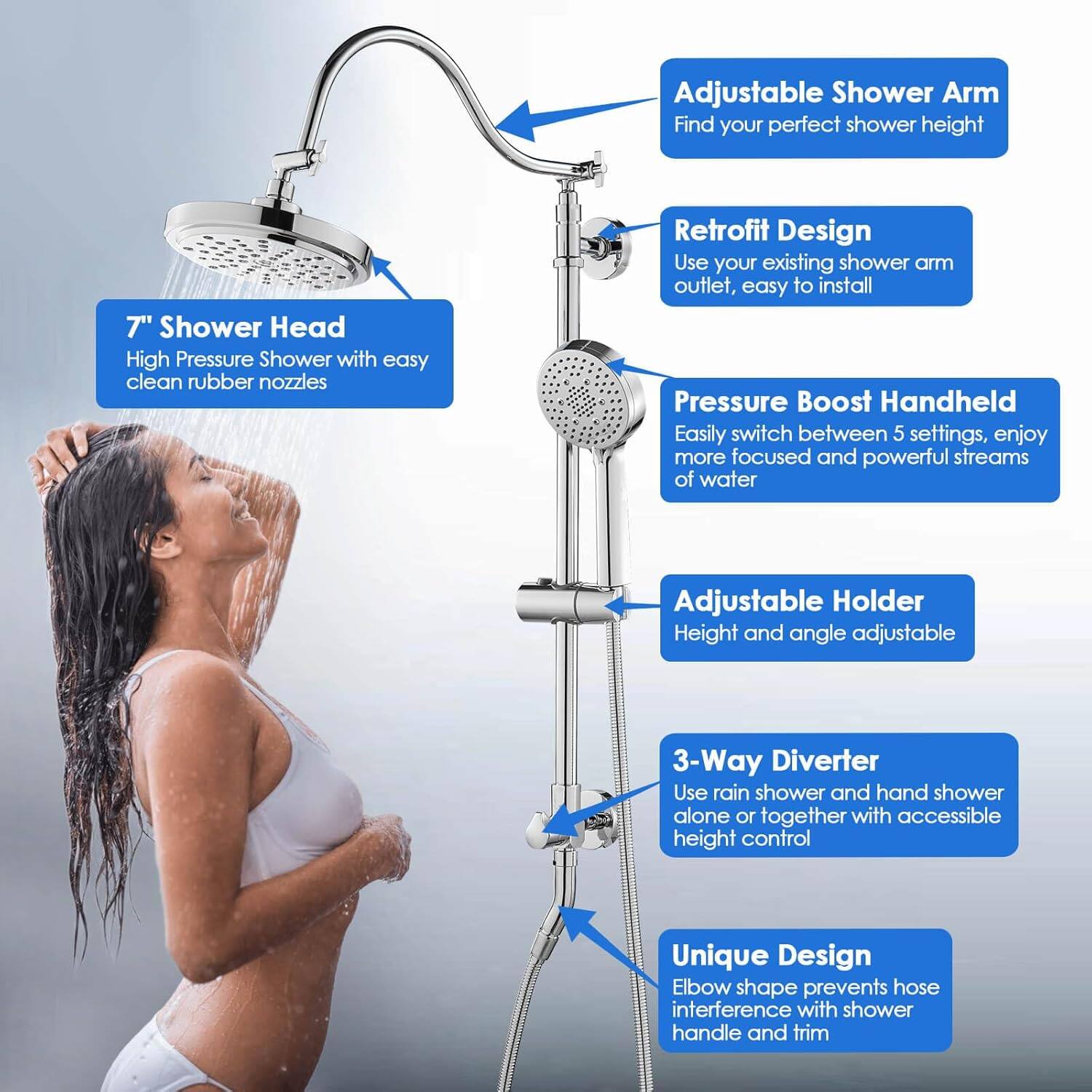 Adjustable Shower Arm  
Find your perfect shower height  

7" Shower Head  
High Pressure Shower with easy clean rubber nozzles  

Retrofit Design  
Use your existing shower arm outlet, easy to install  

Pressure Boost Handheld  
Easily switch between 5 settings, enjoy more focused and powerful streams of water  

Adjustable Holder  
Height and angle adjustable  

3-Way Diverter  
Use rain shower and hand shower alone or together with accessible height control  

Unique Design  
Elbow shape prevents hose interference with shower handle and trim