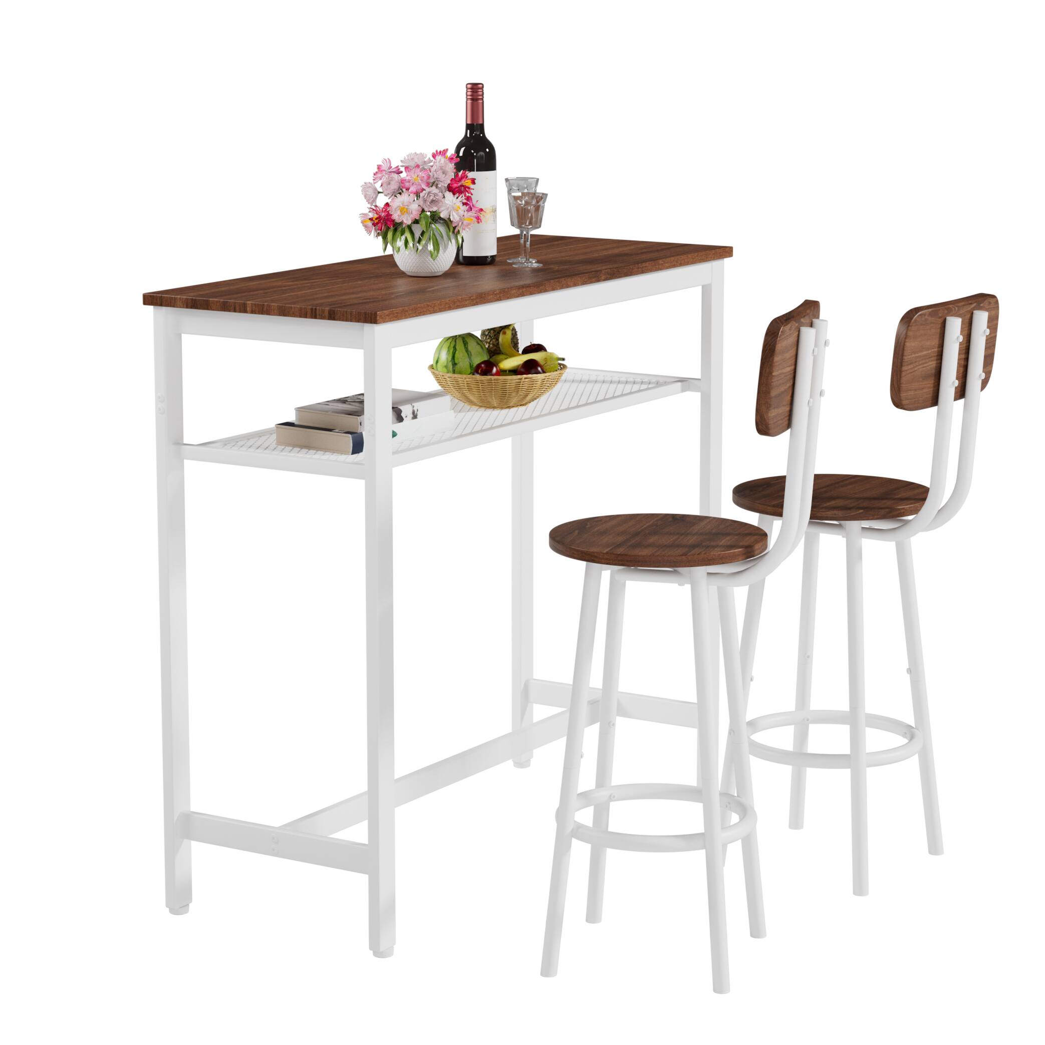 Left. TinyHomie - 3 Piece Bar Table Set Bar Table and Chairs Set of 2 with Metal Frame and Storage Rack Modern Counter Height Table - Brown.