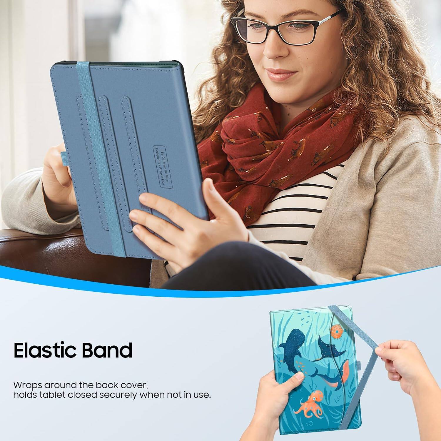 Designed 04 by Fintle Different For USA Flistle

Elastic Band

Wraps around the back cover, holds tablet closed securely when not in use.