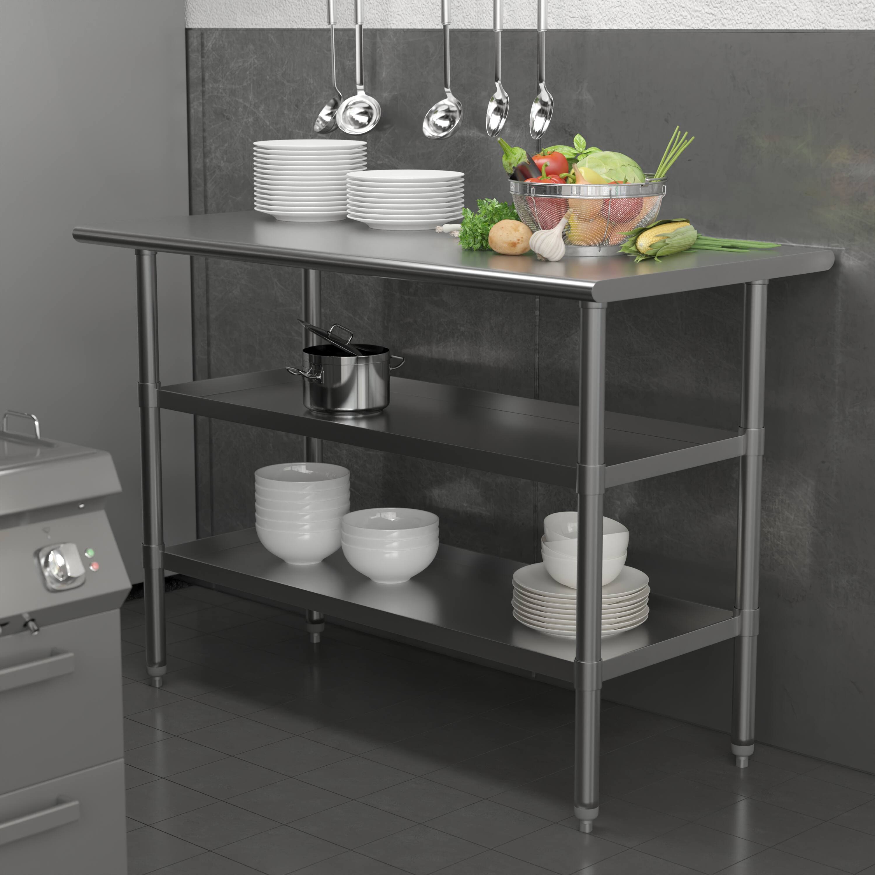 Alt View 1. Emma + Oliver - NSF Certified Stainless Steel 18 Gauge Work Table with 2 Undershelves - Stainless Steel.
