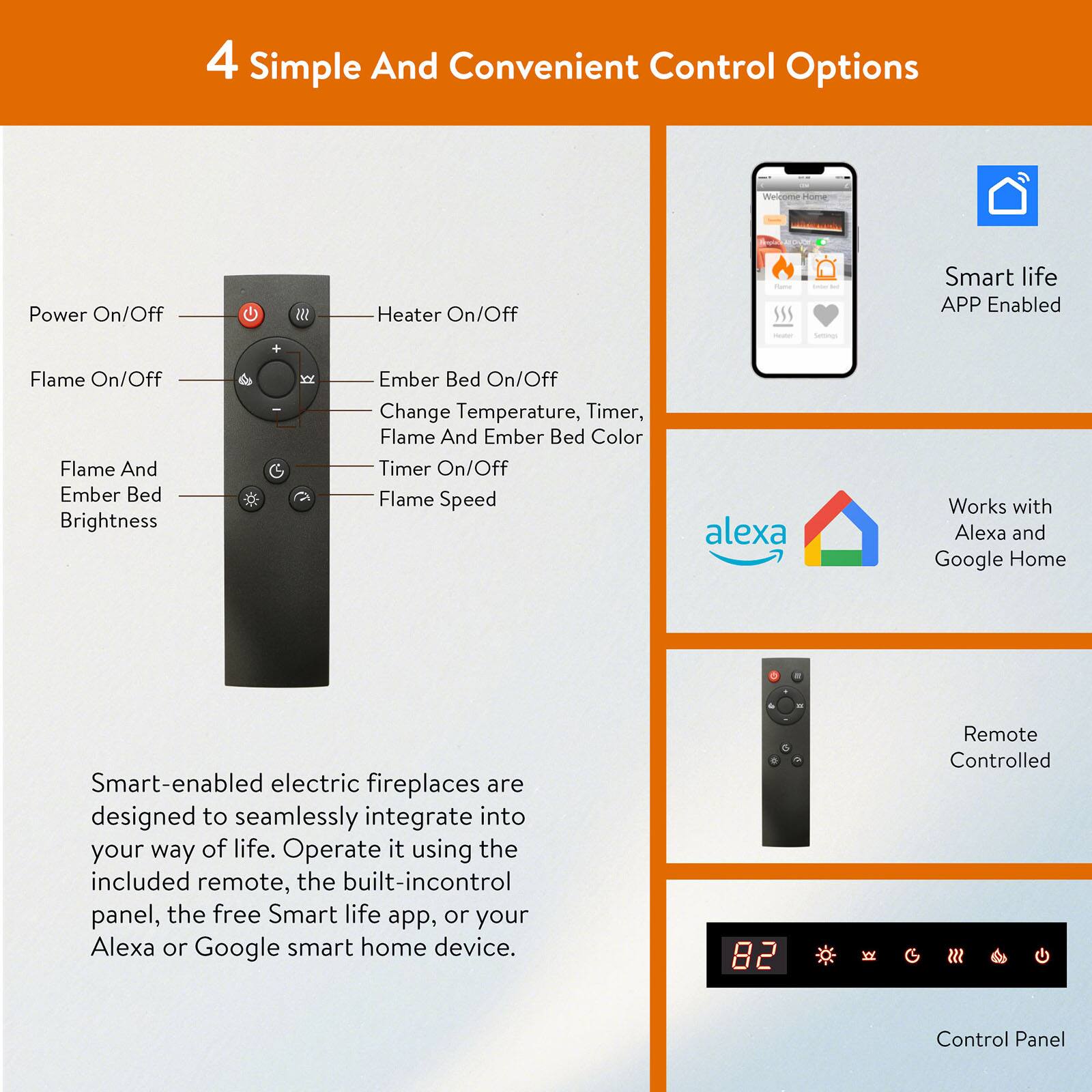 4 Simple And Convenient Control Options

- Power On/Off
- Heater On/Off
- Flame On/Off
- Ember Bed On/Off
- Flame And Ember Bed Brightness
- Change Temperature, Timer, Flame And Ember Bed Color
- Timer On/Off
- Flame Speed

Smart life APP Enabled

Works with Alexa and Google Home

Smart-enabled electric fireplaces are designed to seamlessly integrate into your way of life. Operate it using the included remote, the built-in control panel, the free Smart life app, or your Alexa or Google smart home device.

Remote Controlled

Control Panel