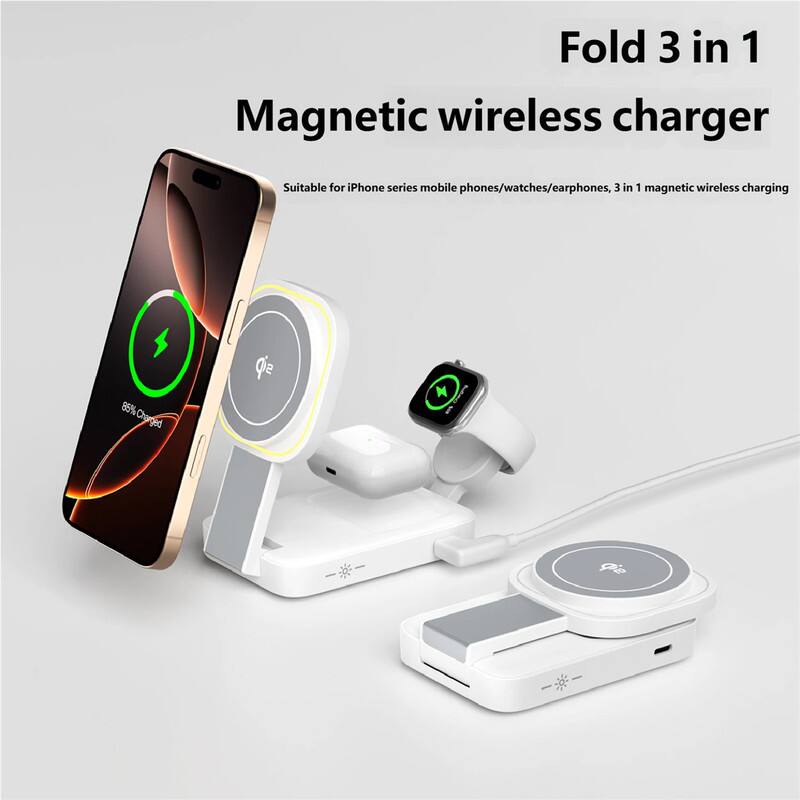 Fold 3 in 1 Magnetic wireless charger  
Suitable for iPhone series mobile phones/watches/earphones, 3 in 1 magnetic wireless charging  
85% Charged
