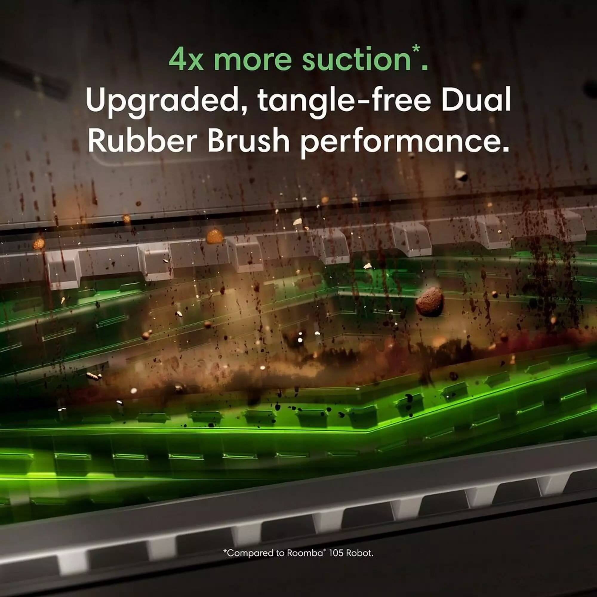 4x more suction*. Upgraded, tangle-free Dual Rubber Brush performance. *Compared to Roomba 105 Robot.