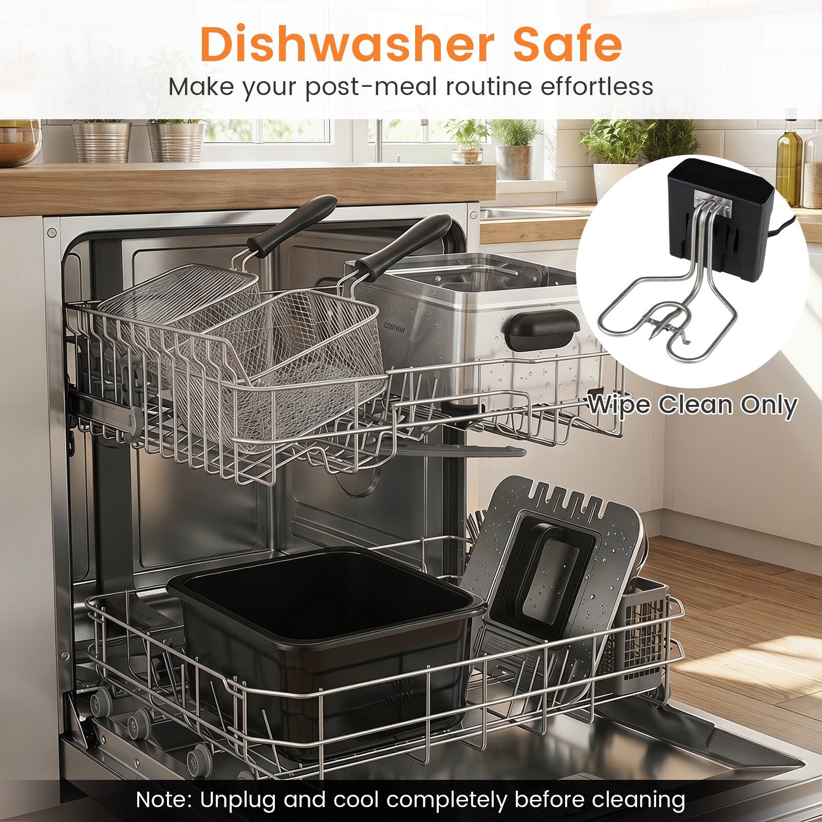 Dishwasher Safe  
Make your post-meal routine effortless  

Wipe Clean Only  

Note: Unplug and cool completely before cleaning