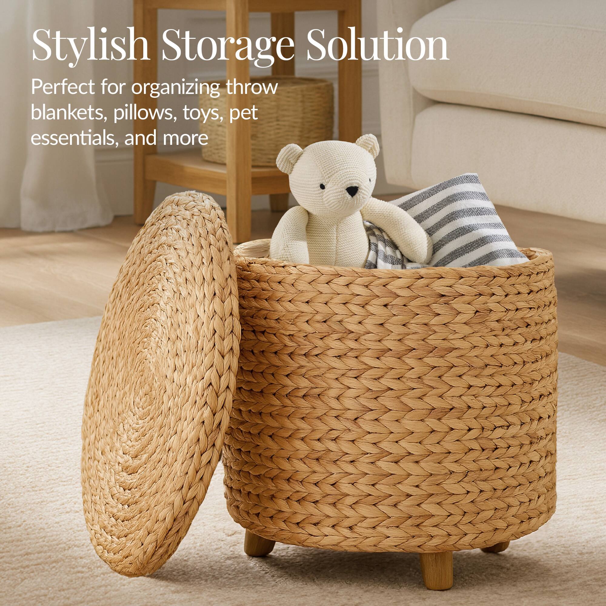 Stylish Storage Solution

Perfect for organizing throw blankets, pillows, toys, pet essentials, and more