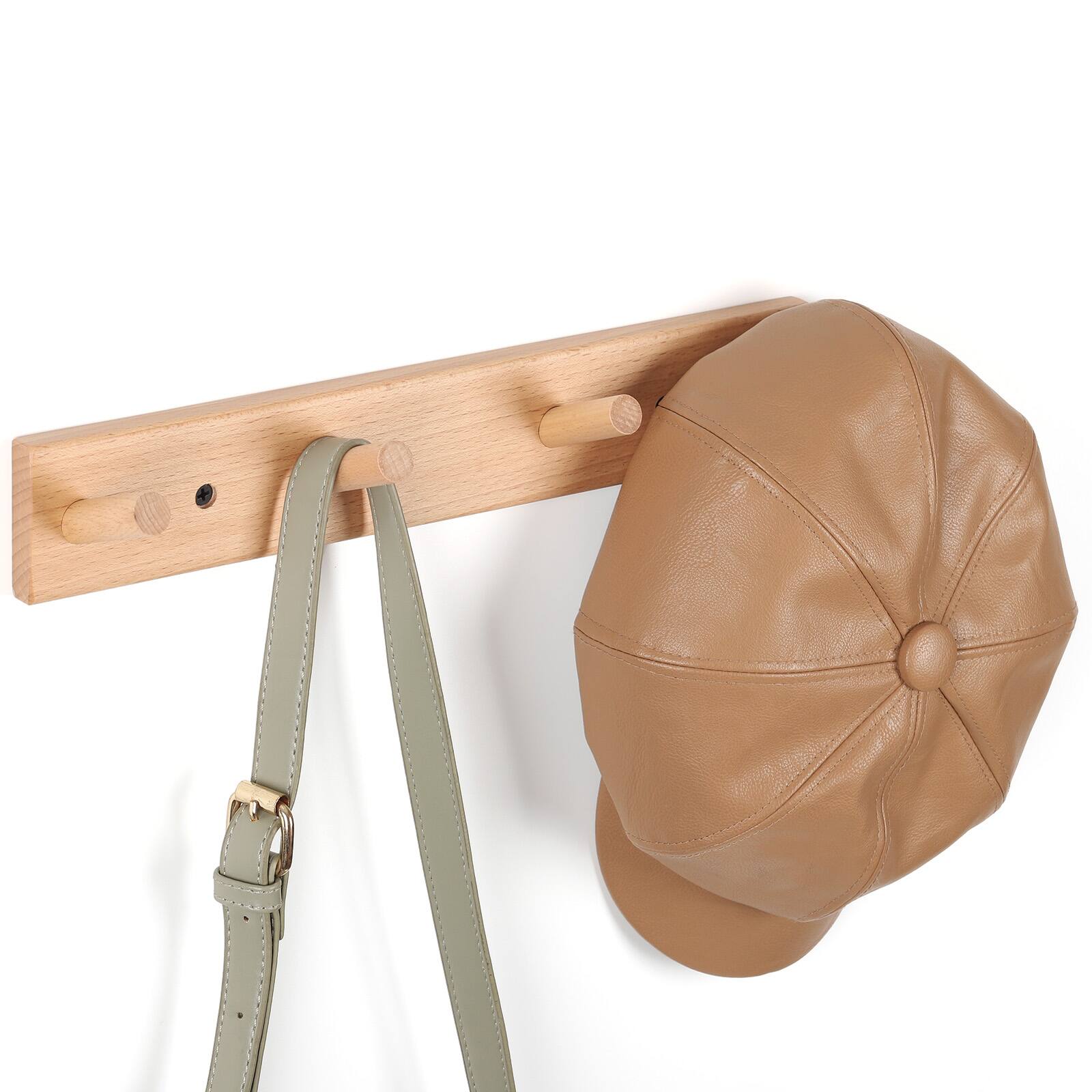 Left. Oumilen - Natural Wood Wall Coat Rack with 4 Hooks – Light Wood Entryway Hanger for Hats, Bags, Umbrellas - Natural.