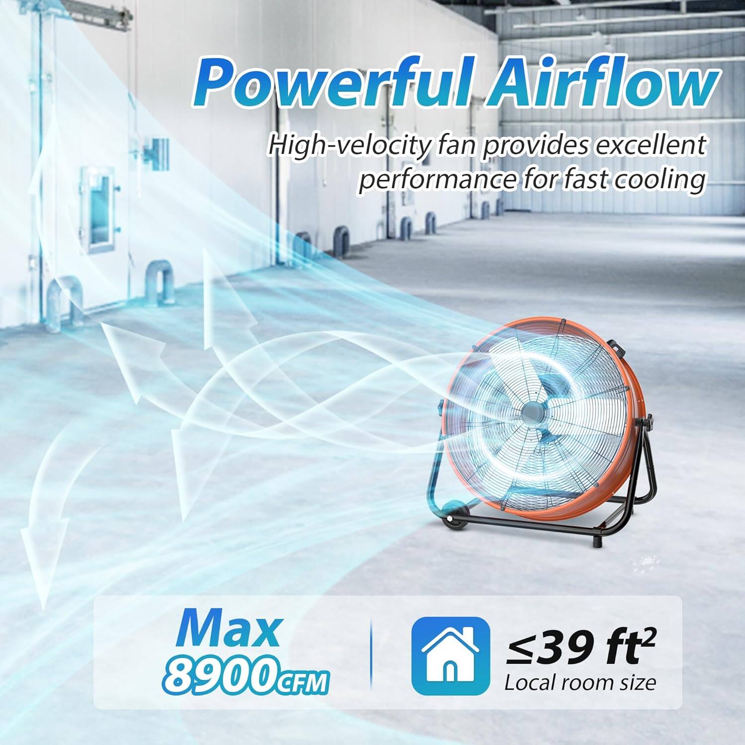 Powerful Airflow  
High-velocity fan provides excellent performance for fast cooling  

Max 8900 CFM  
≤39 ft² Local room size