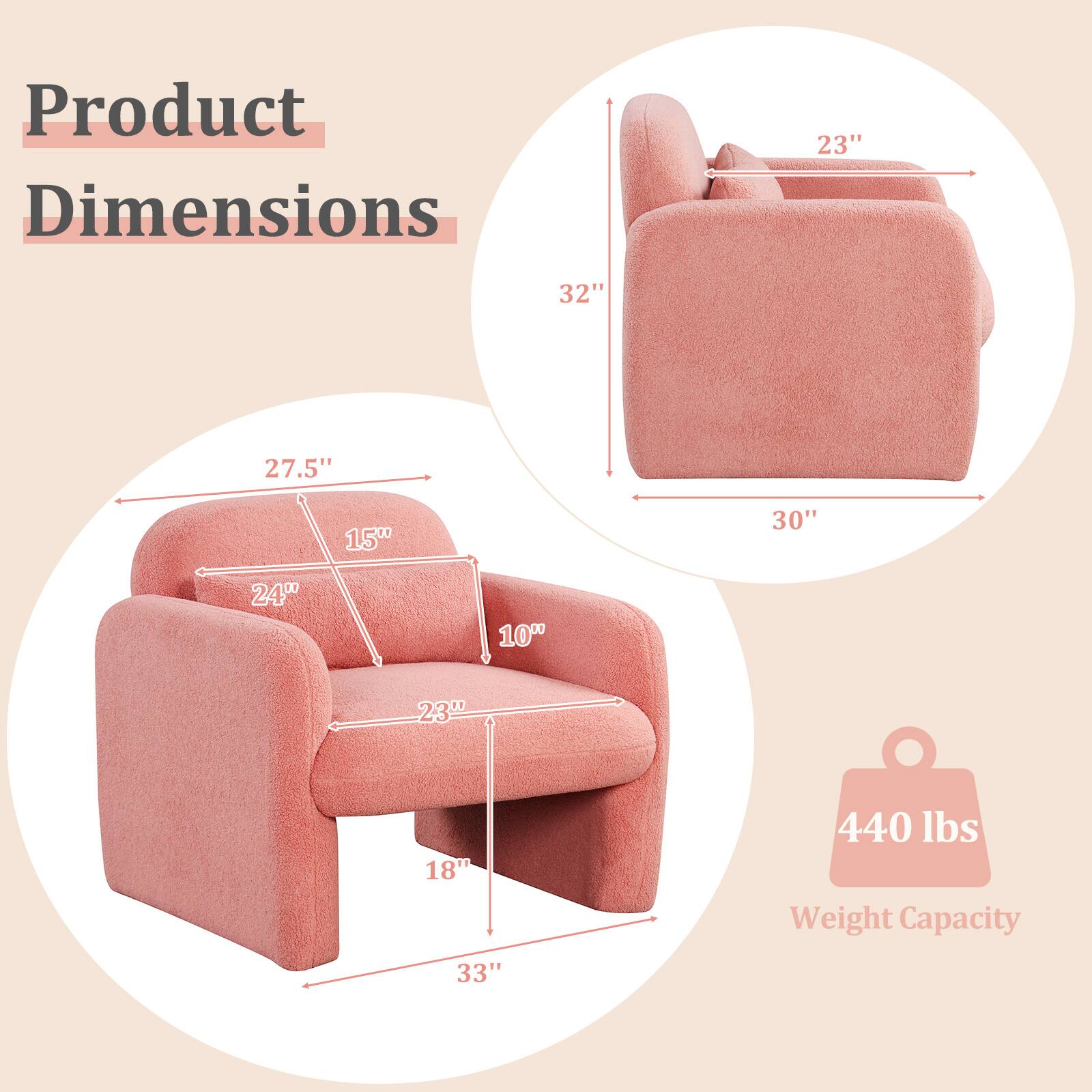 Product Dimensions:  
- 23" (Height)  
- 32" (Depth)  
- 27.5" (Width)  
- 15" (Armrest Height)  
- 30" (Seat Height)  
- 24" (Seat Depth)  
- 10" (Back Height)  
- 23" (Seat Width)  
- 18" (Leg Height)  
- 33" (Overall Width)  

Weight Capacity: 440 lbs