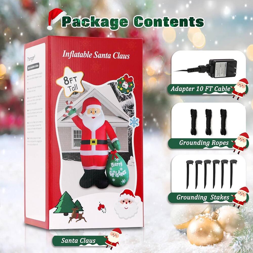 Package Contents

- Inflatable Santa Claus - 8FT Tall
- Adapter 10 FT Cable
- Grounding Ropes
- Grounding Stakes

Santa Claus