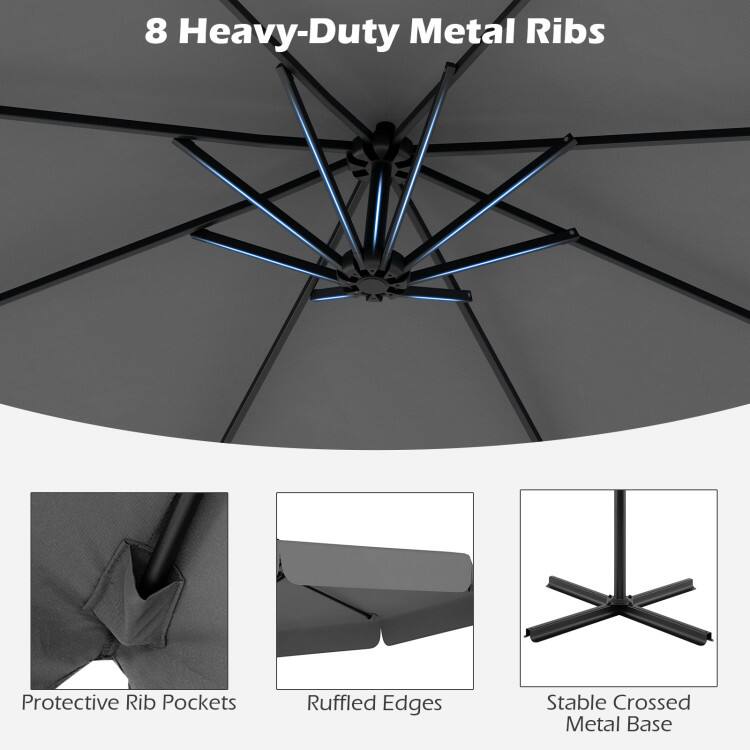 8 Heavy-Duty Metal Ribs  
Protective Rib Pockets  
Ruffled Edges  
Stable Crossed Metal Base