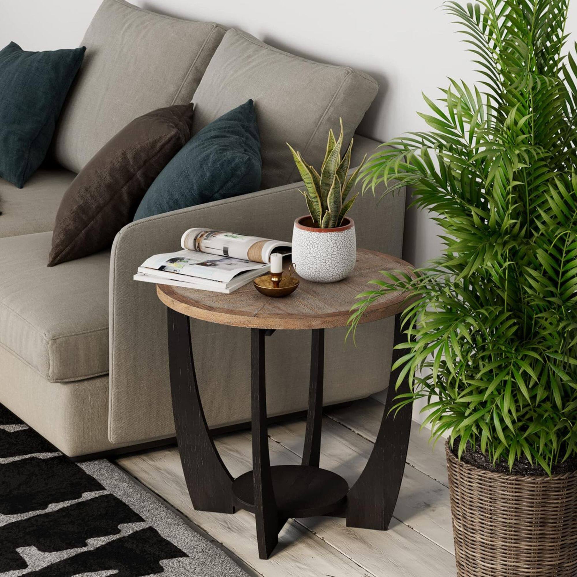 Alt View 4. COZAYH - COZAYH Rustic Farmhouse Round End Table, Storage Shelf for Living Room, Set of 2 - Black & Wood.