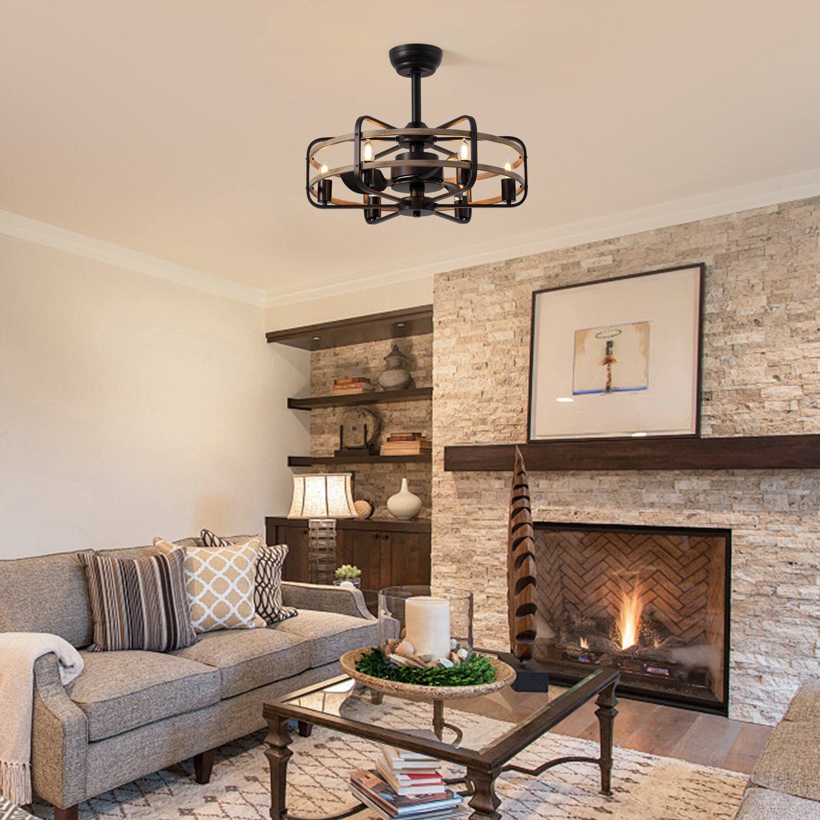 Left. Siljoy - 24 Inch Farmhouse Ceiling Fan Light 6-Candle Gray Brown Wood Industrial Chandelier Fan for Bedroom Dining Room Foyer - gray-brown wood grain.