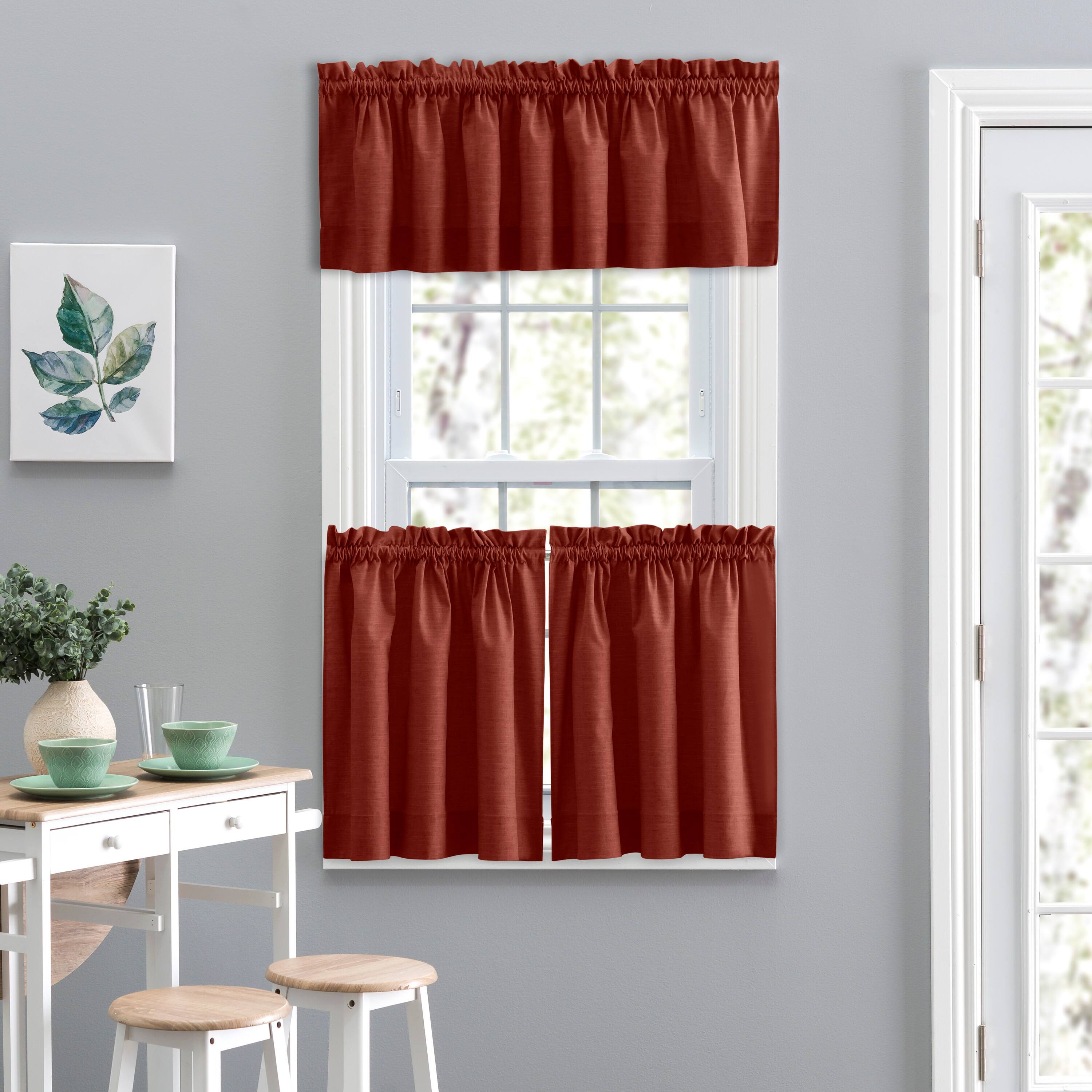 Left. Ellis Curtain - Ellis Lisa Solid Color 1.5" Rod Pocket Poly Cotton Duck Fabric Tailored Tiers 56"x36" Red - Red.