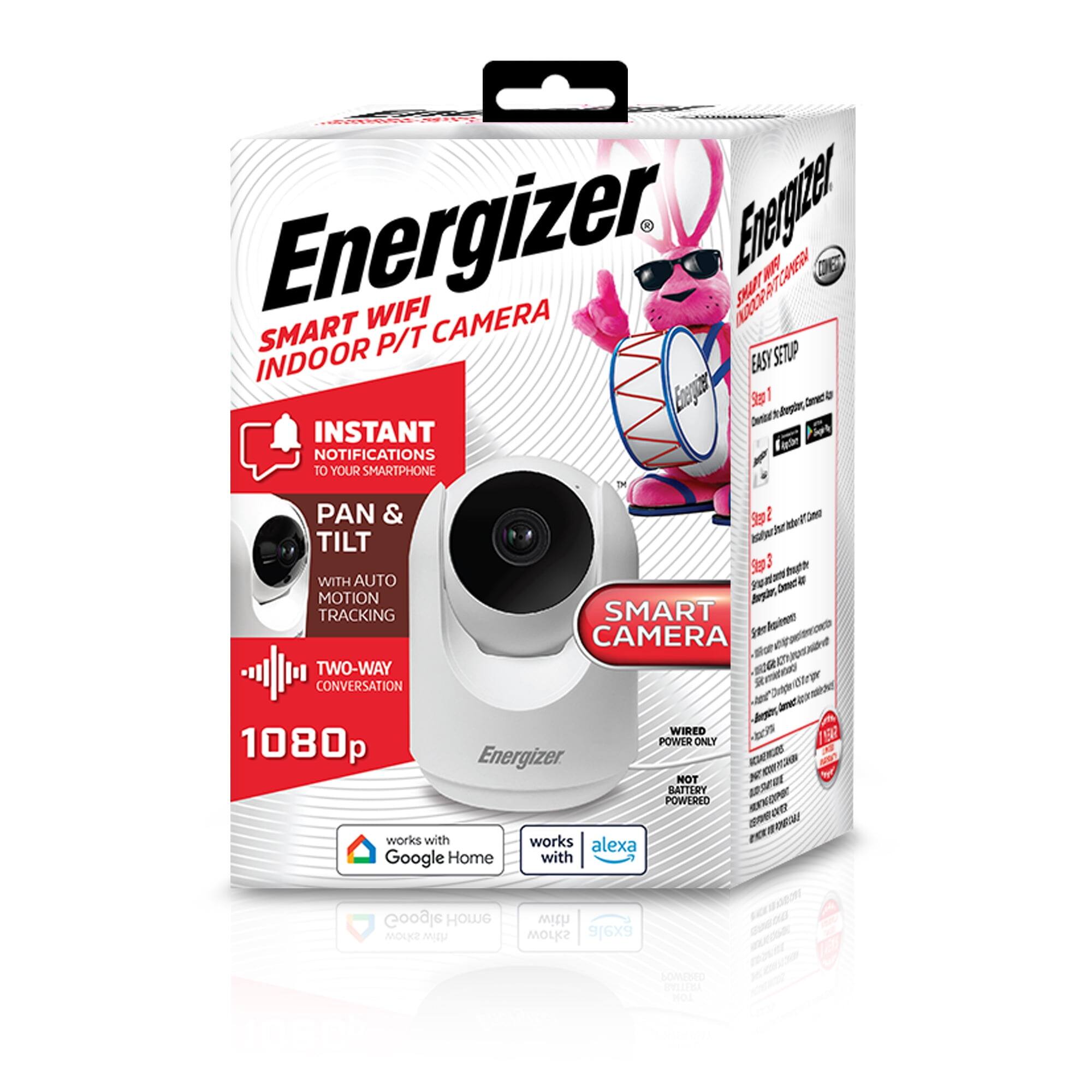 Energizer Smart WiFi Indoor P/T Camera

- Instant notifications to your smartphone
- Pan & tilt with auto motion tracking
- Two-way conversation
- 1080p
- Wired power only (not battery powered)
- Works with Google Home and Alexa
- Easy setup in 3 steps