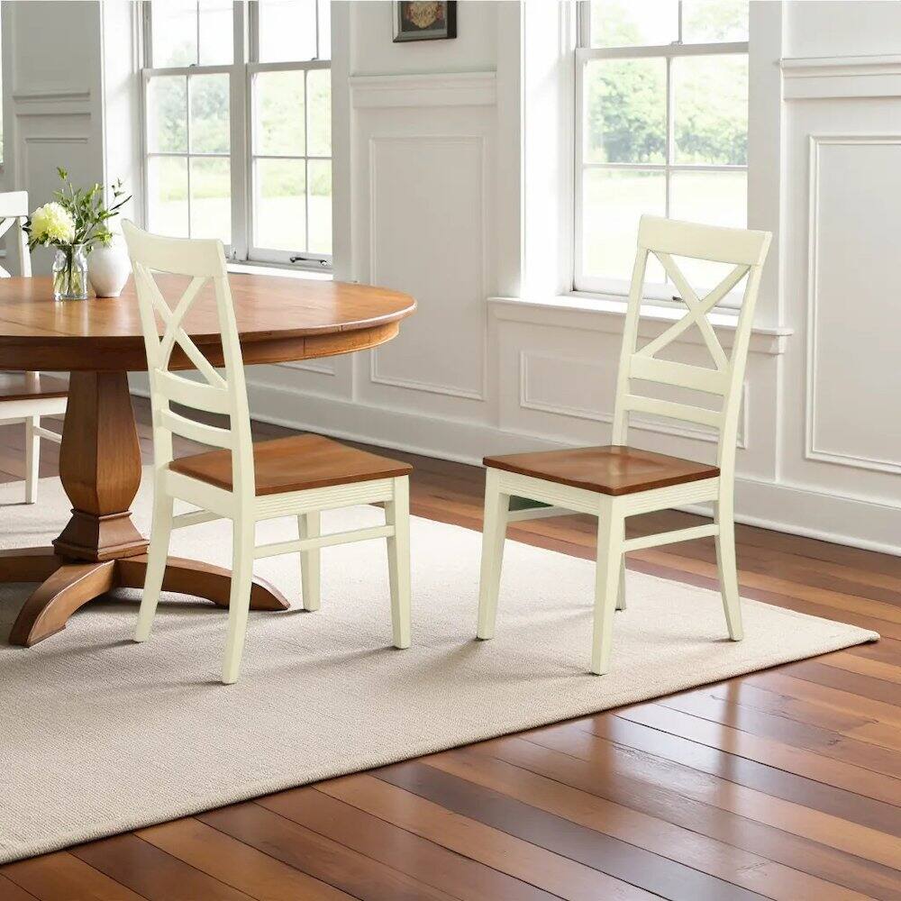 Left. FurniFact - Elegant X-Back Dining Chairs Set of 2 – White Brown Kitchen Seating - Buttermilk & Cherry.