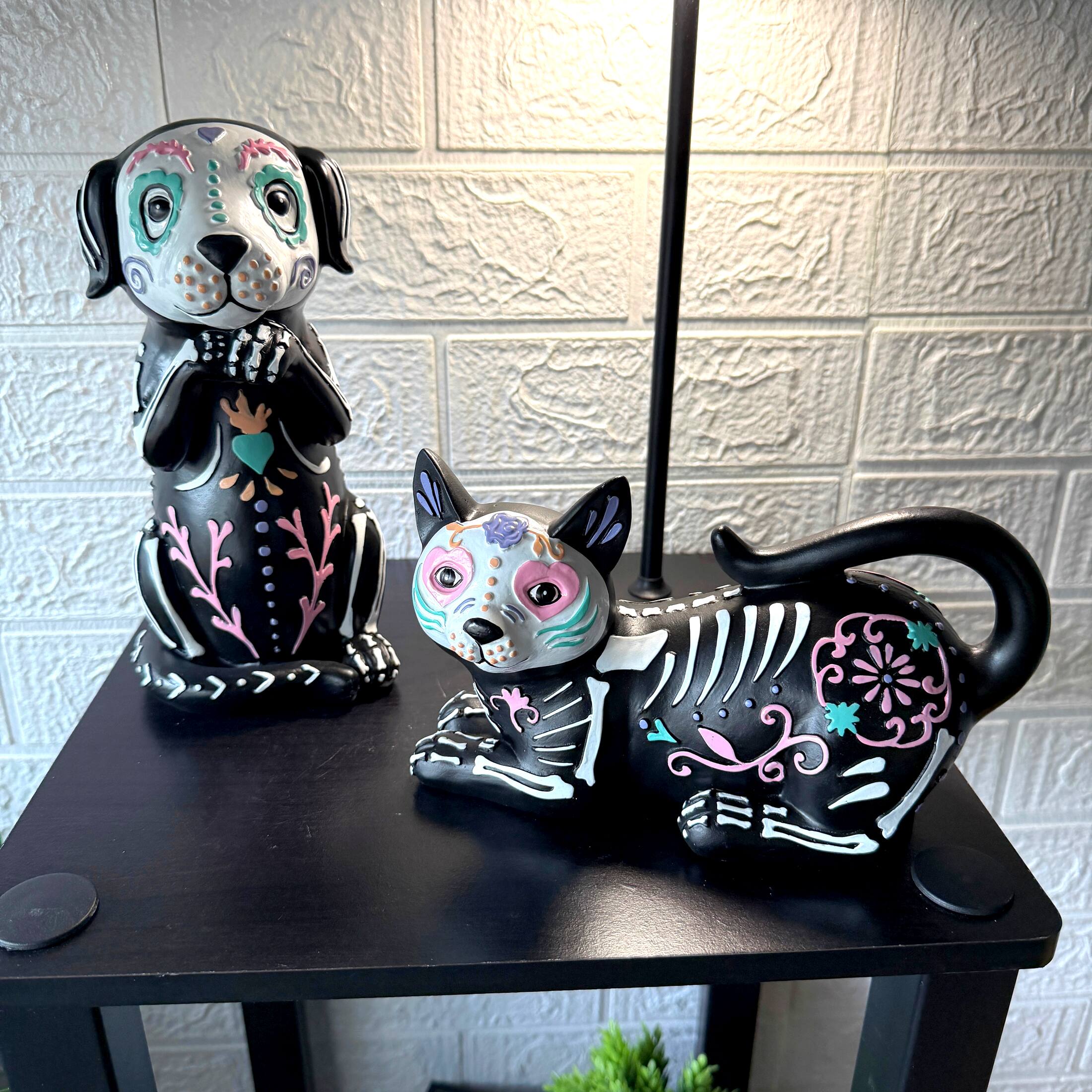Alt View 3. Things2Die4 - Day of the Dead Cat and Dog Figurine Set 2 Glossy Resin Skeleton Statues - Multicolor.