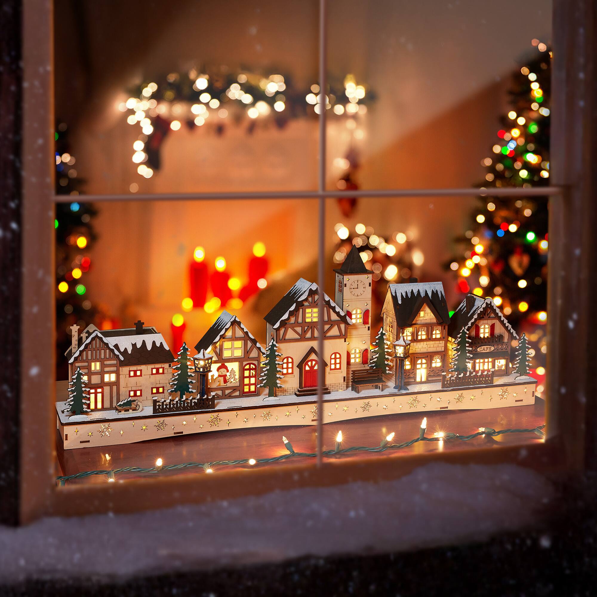 Alt View 3. Casafield - Pre-Lit Wooden Christmas Village - Traditional Winter Holiday Décor - Beige.