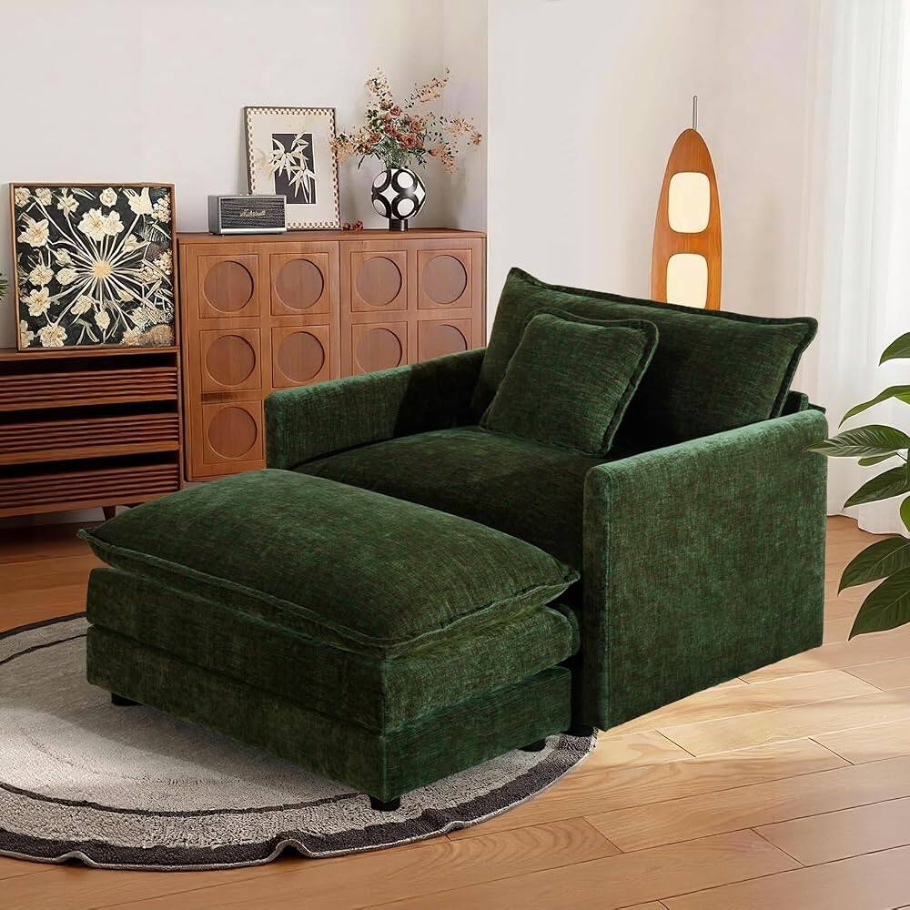 Left. JUJABU - Green Chenille Modular Single Sofa with Ottoman and Pillow for Living Room - Green.