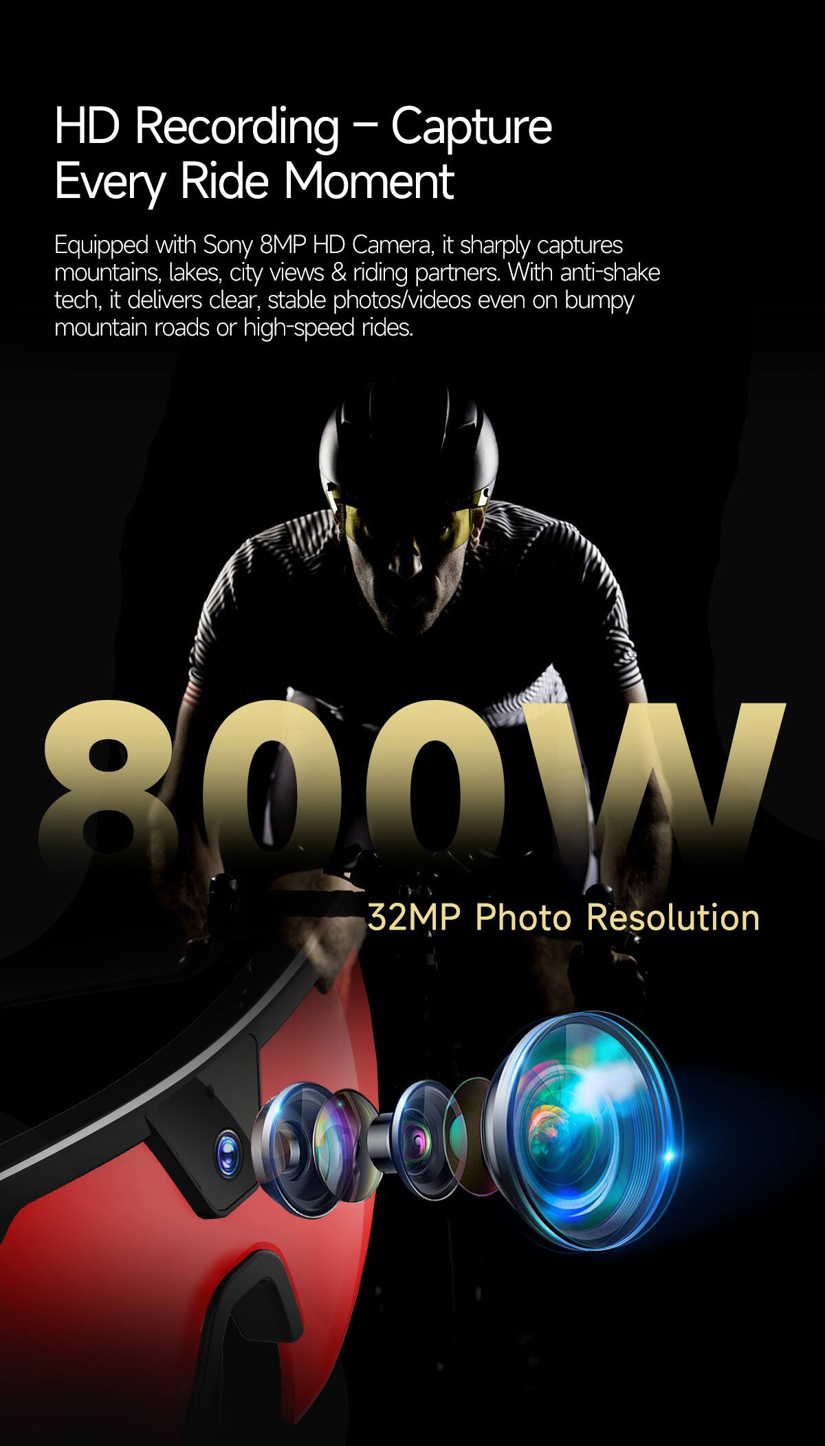 HD Recording – Capture Every Ride Moment

Equipped with Sony 8MP HD Camera, it sharply captures mountains, lakes, city views & riding partners. With anti-shake tech, it delivers clear, stable photos/videos even on bumpy mountain roads or high-speed rides.

800W

32MP Photo Resolution