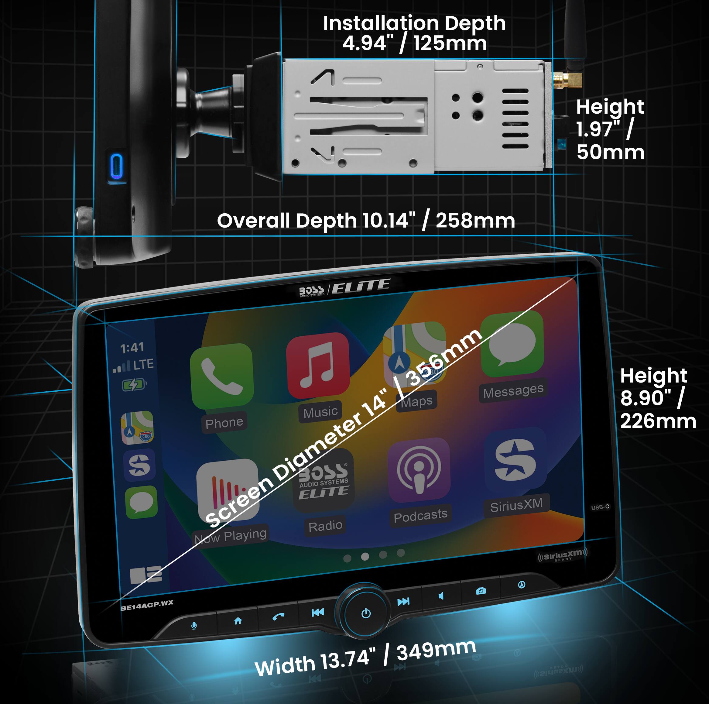 Installation Depth: 4.94" (125mm)
Overall Depth: 10.14" (258mm)
Height: 1.97" (50mm)
Overall Height: 8.90" (14" or 356mm)
Screen Diameter: 13.74" (349mm)
Width: 4.0" (102mm)