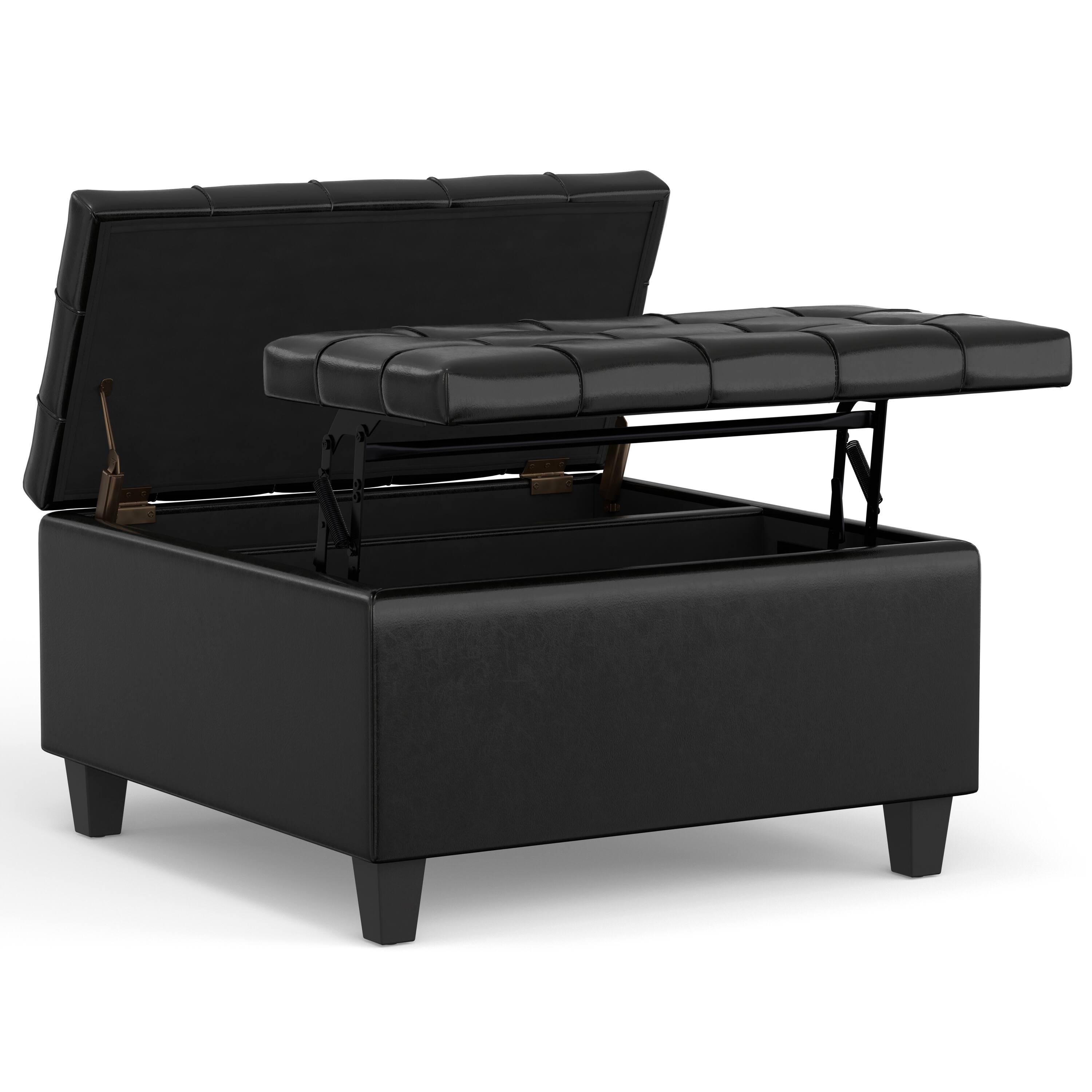Back. Simpli Home - Harrison 30 inch Wide Small Square Coffee Table Storage Ottoman in Midnight Black Vegan Leather - Midnight Black.