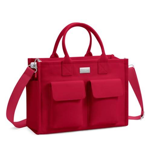 Front. ESBANY - Heavy-Duty Canvas Tote Bag for Women, Adjustable Crossbody/Shoulder Handbag with 9 Pockets, Everything Tote - Red.