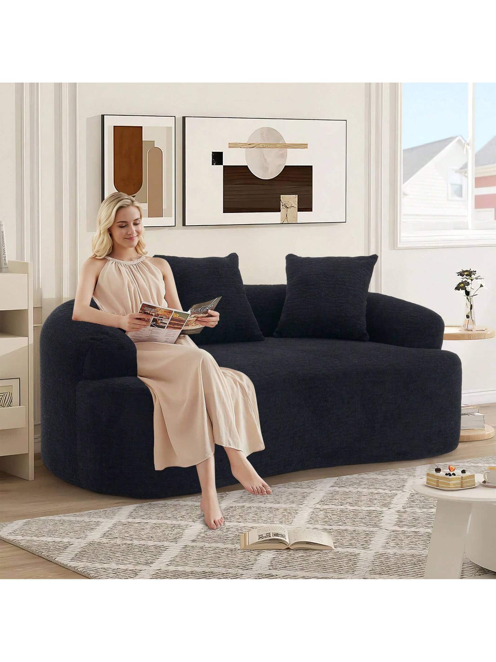 Trinkets Crazed - 65" Curved Small Loveseat Sofa,Cozy Chenille Upholstered Couch With 3 Pillows,Modern Deep Seat Cloud Couch - Black