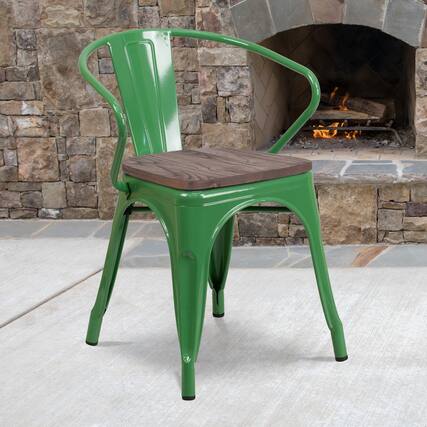 Front. Emma + Oliver - Metal Chair with Wood Seat and Arms - Green.