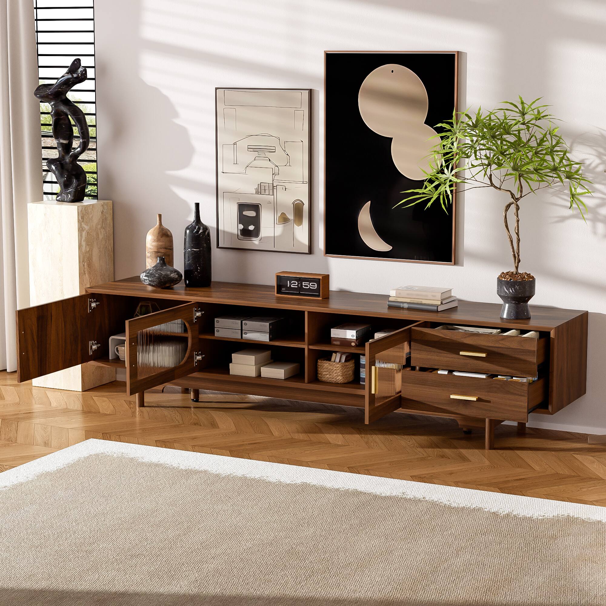 Back. MERAVOM - TV Stand for TVs Up to 85", Modern TV Cabinet with Fluted Glass Doors & 2 Drawers, Entertainment Center for Living Room - Walnut.