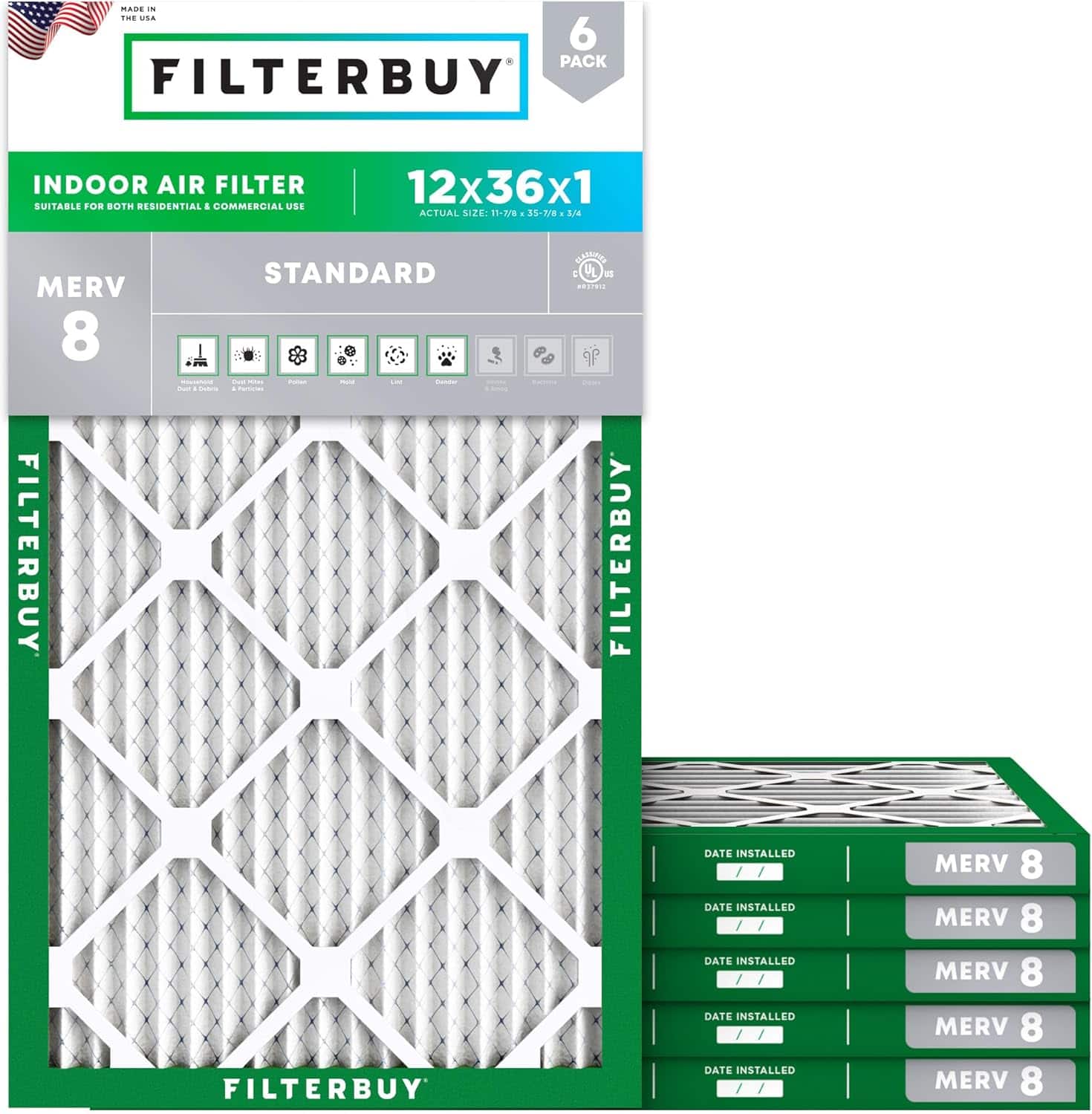 Filterbuy - 12x36x1 MERV 8 Dust & Allergy Defense, Electrostatic Pleated HVAC AC Furnace Air Filters Replacement (6-Pack) - Silver
